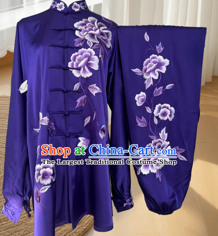 Embroidery Peony Tai Chi Suit Martial Arts Performance Costume Kung Fu Competition Purple Uniform