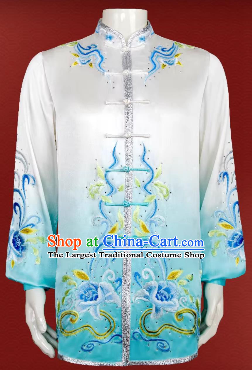 Embroidery Peony Gradient Competition Suit Martial Arts Performance Outfit Tai Chi Costume