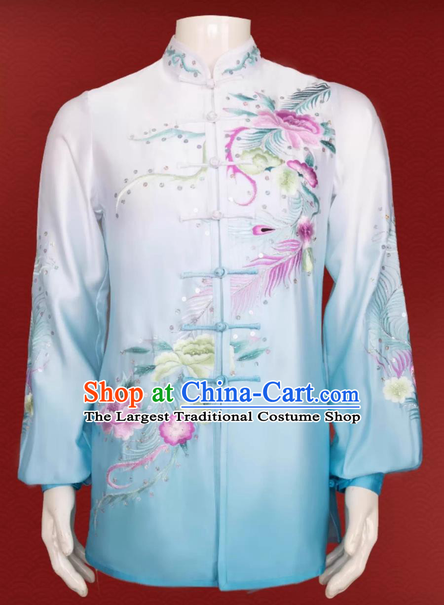 Tai Chi Costume Embroidery Gradient Blue Competition Suit Martial Arts Performance Outfit