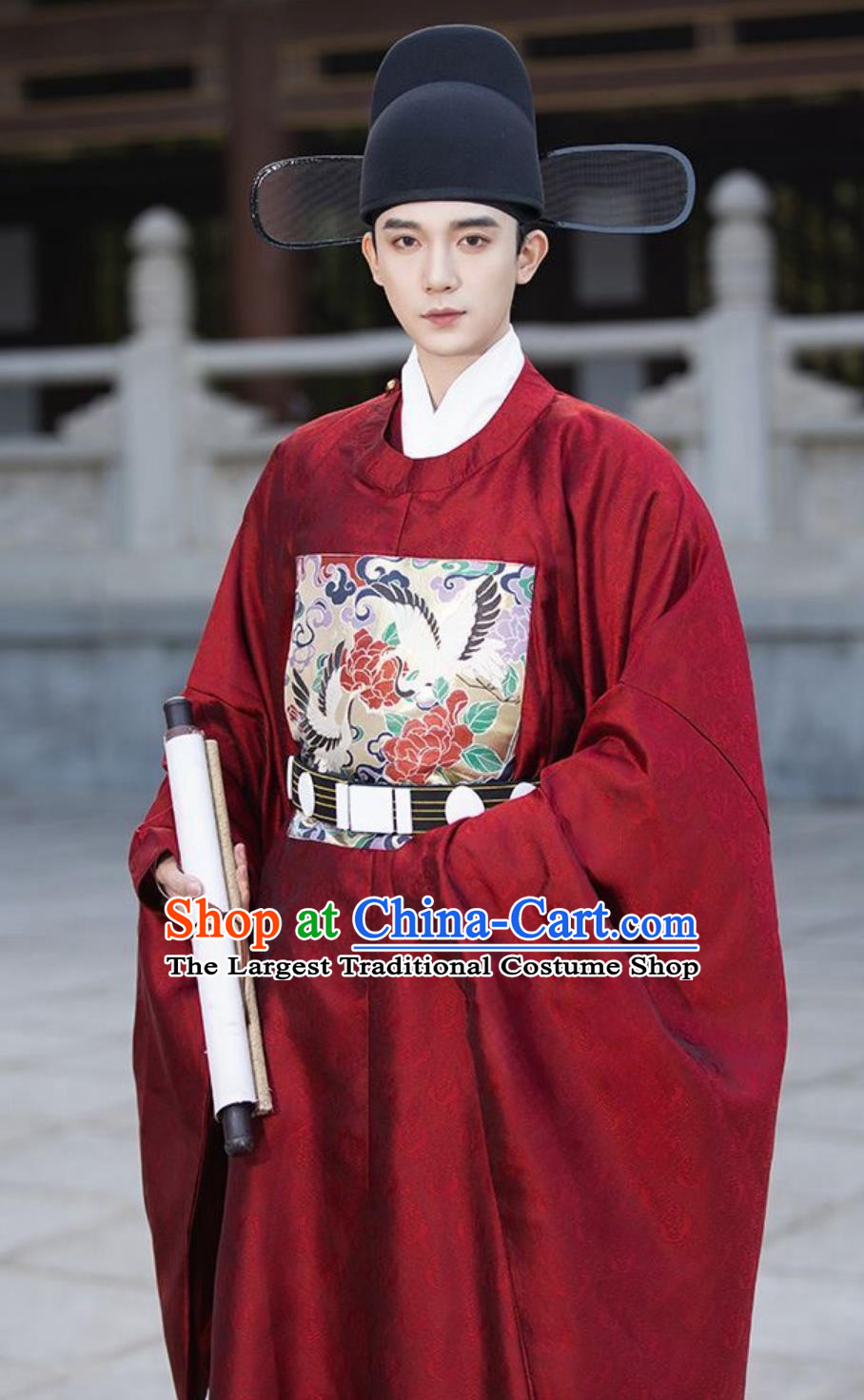 Mens Hanfu Ancient Chinese Costume Ming Dynasty Red Official Robe and Hat