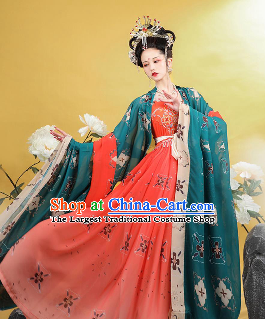 Traditional Chinese Hanfu Tang Dynasty Wide Sleeve Blouse and Embroidery Hezi Dress for Women