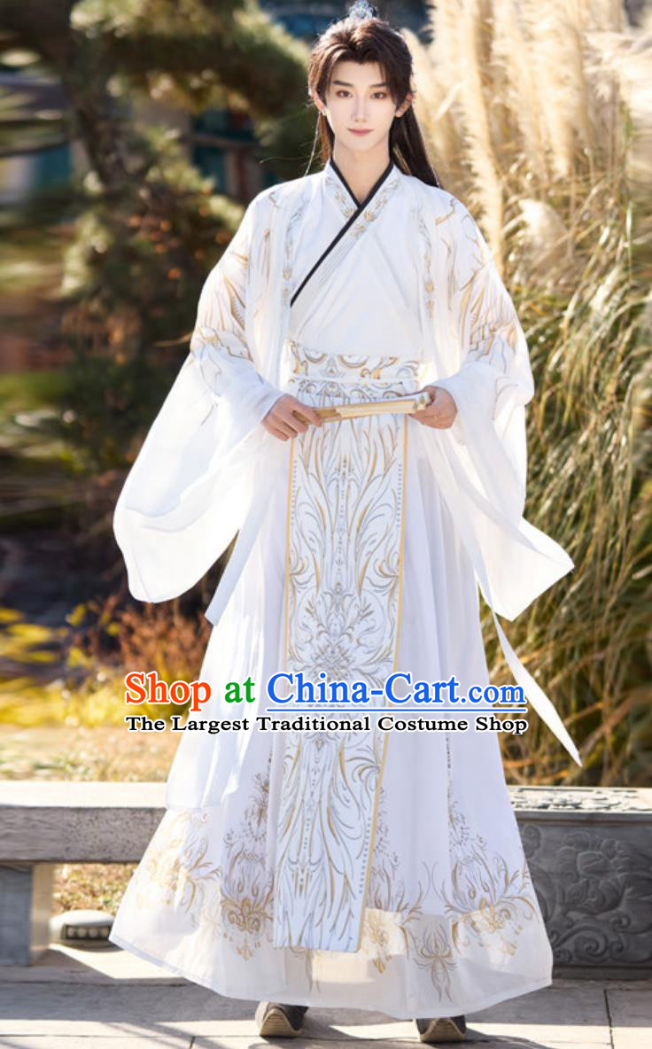 White Wei Jin Style Hanfu Costume Chinese Traditional Wuxia Robe with Flowing Wide Sleeves