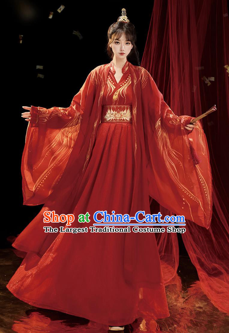 Red Gold Wei Jin Style Hanfu Costume Chinese Xianxia Wuxia Robe for Film Stage and Festival