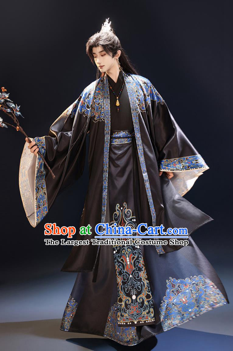Black Qin Dynasty Hanfu Costume for Men Ancient Chinese Wuxia Swordsman Robe for Film and Stage