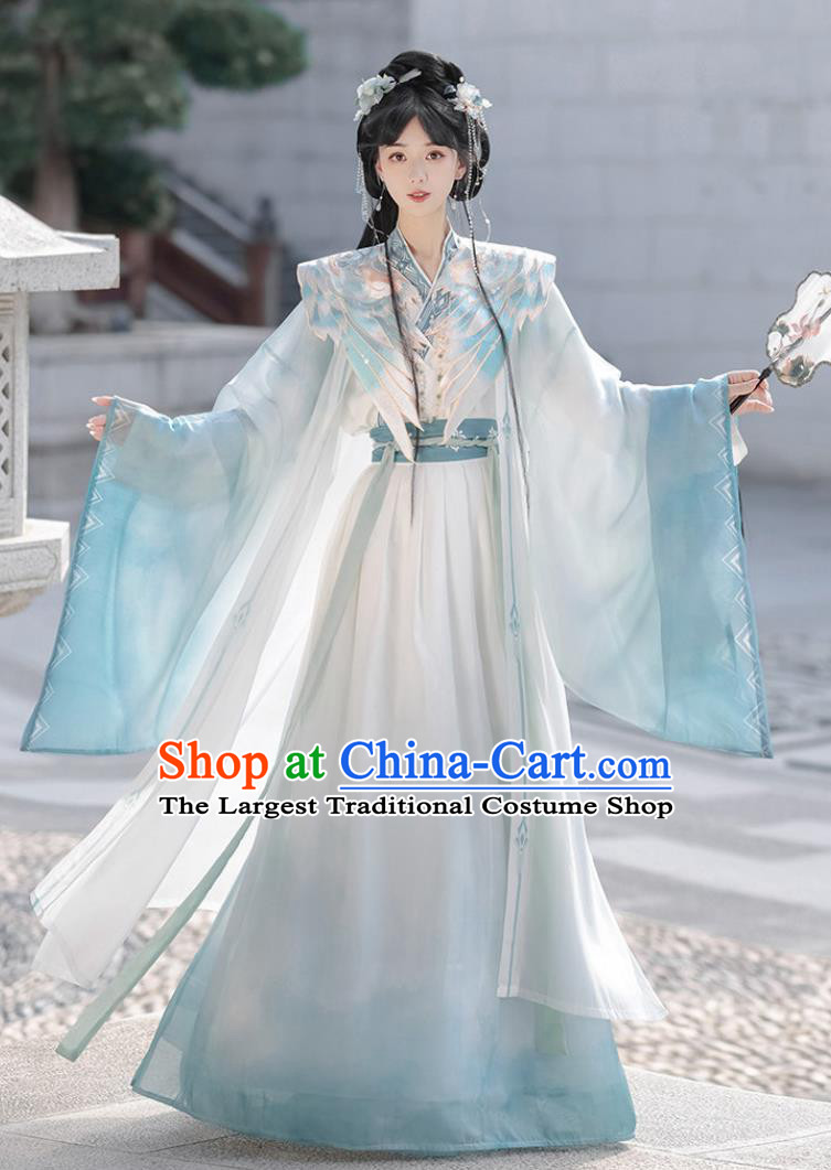 Spring Blue Traditional Ming Dynasty Hanfu Costume Set Chinese Xianxia Fairy Dress with Embroidered Yunjian and Flowing Sleeves