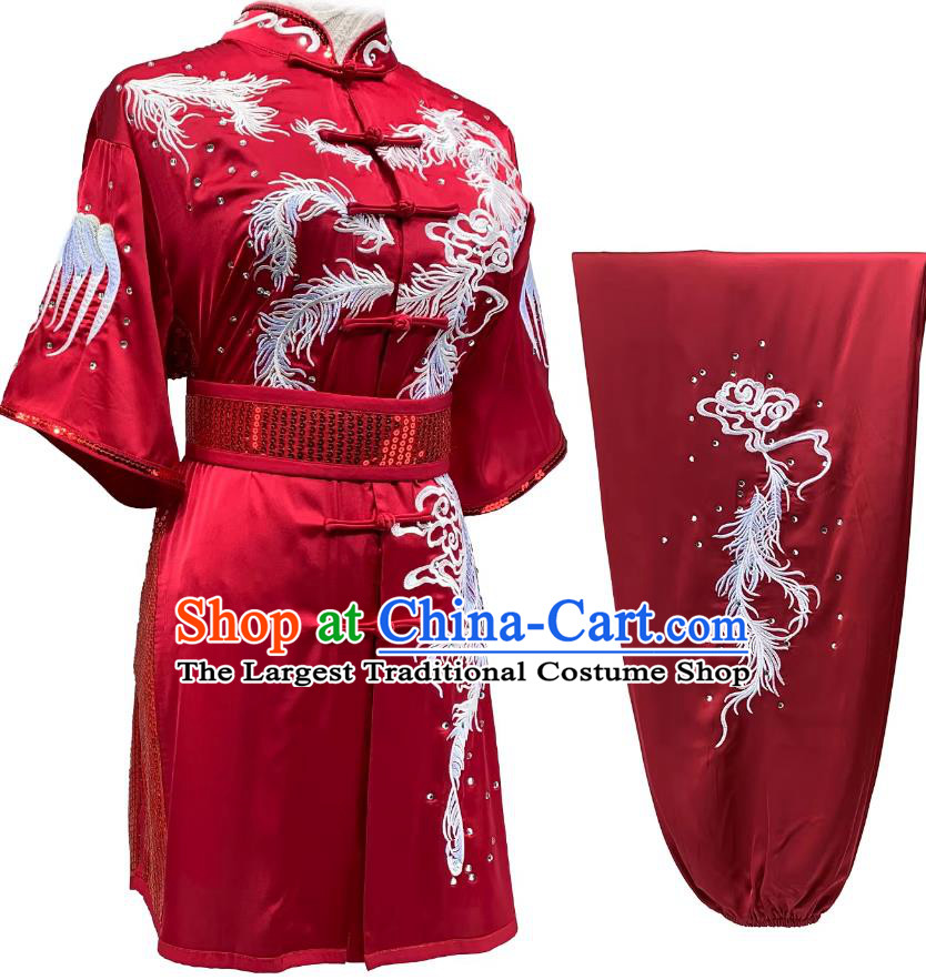 Custom Made Wushu Martial Arts Competition Costume Embroidered Phoenix Tails Red Changquan Suit Kung Fu Performance Uniform
