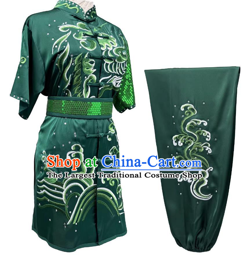 Kung Fu Taolu Performance Costume Wushu Tournament Dark Green Changquan Uniform Embroidery Martial Arts Clothing