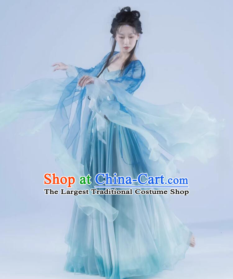 Chinese Classical Dance Costume Wide Sleeve Blue Hanfu Dress