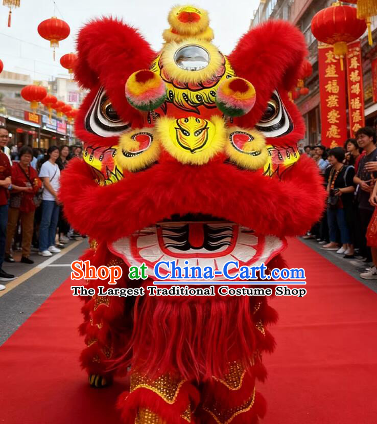 Chinese Lion Dance Prop Dancing Lion Costume Handmade Red Fur Lion Head Complete Set
