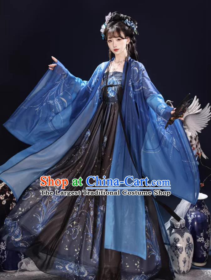 Chinese Hanfu Ruqun Heavy Embroidered Large Sleeve Dress Wei Jin Style Wuxia Blue Costume