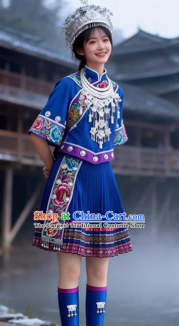 Blue Miao Ethnic Dance Costume Traditional Chinese Minority Performance Outfit For Women