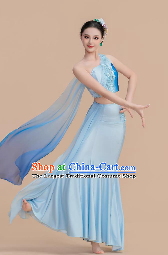 Dai Ethnic Dance Costume Female One Shoulder Mermaid Skirt Light Blue Performance Dress