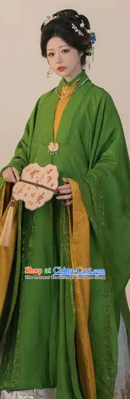 Green Ming Dynasty Hanfu Long Robe Stand Collar Cross Lapel Cloak Traditional Chinese Clothing