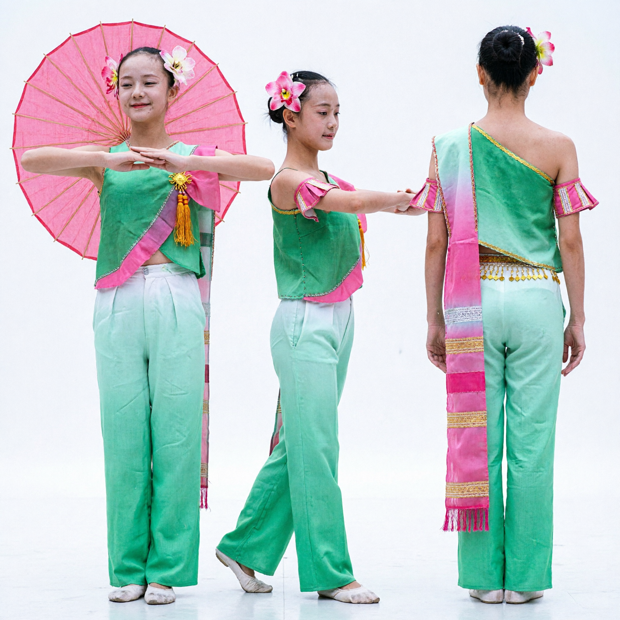 Traditional Chinese Folk Dance Costume Green Yangge Umbrella Dance Outfit for Women Stage Performance Clothing - Asian Costume