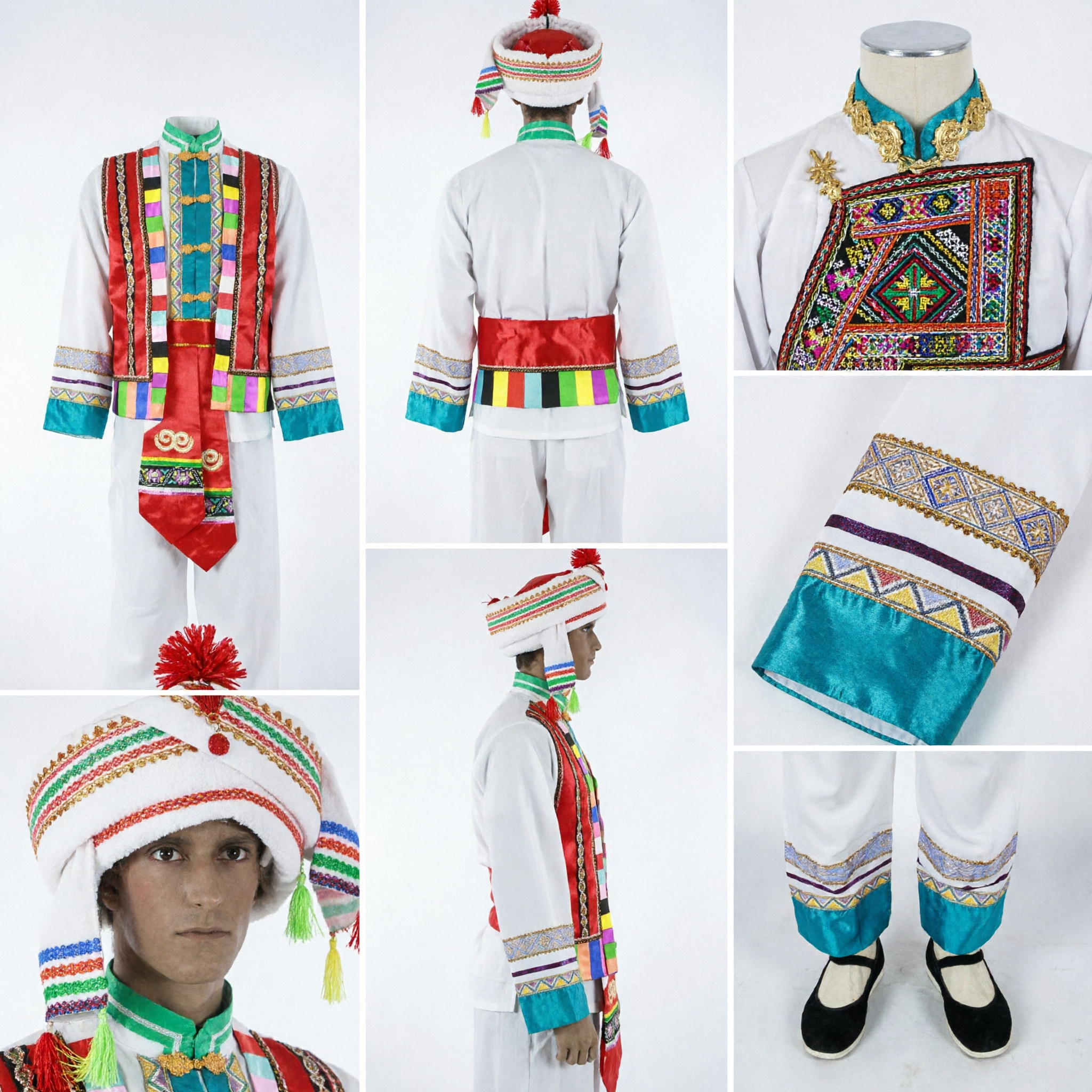 Men's Chinese Ethnic Minority Folk Dance Costume Traditional Stage Performance Outfit with Hat - Asian Costume