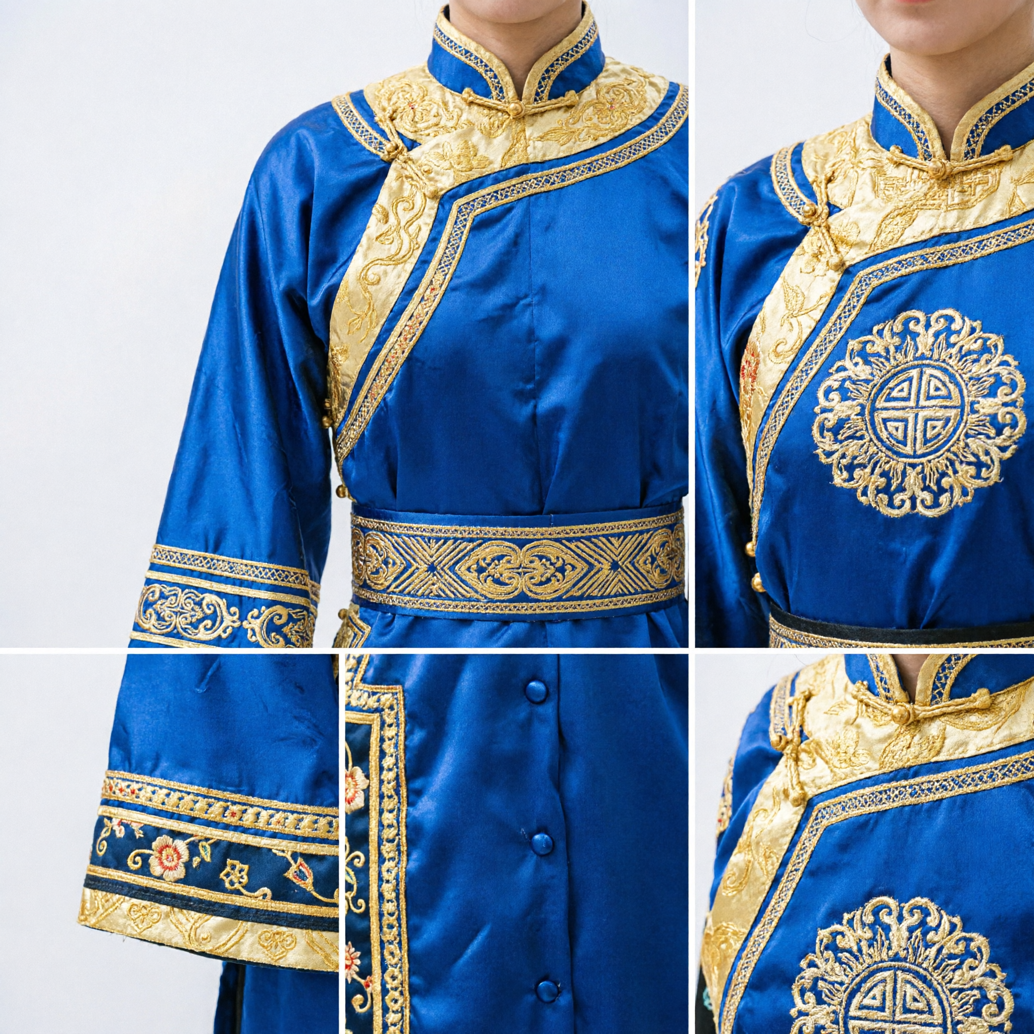 Women's Royal Blue Qing Dynasty Manchu Dance Costume Set with Gold Embroidery and Fans for Cultural Stage Performance - Asian Costume