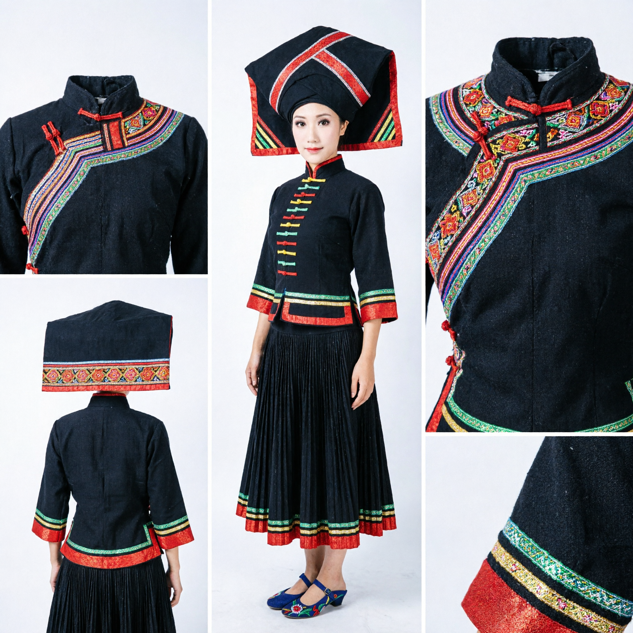 Traditional Chinese Zhuang Ethnic Minority Costume Women Folk Dance Stage Performance Dress Black Outfit with Hat - Asian Costume