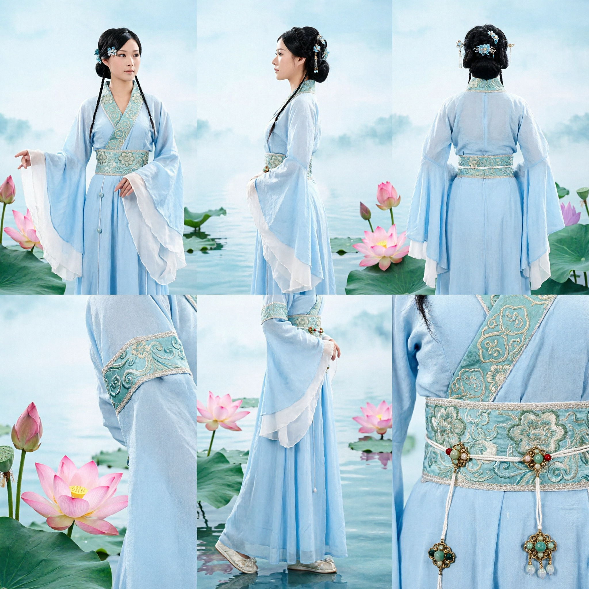 Elegant Blue Traditional Chinese Hanfu Dress with Floral Embroidery for Women Classical Dance Performance - Asian Costume
