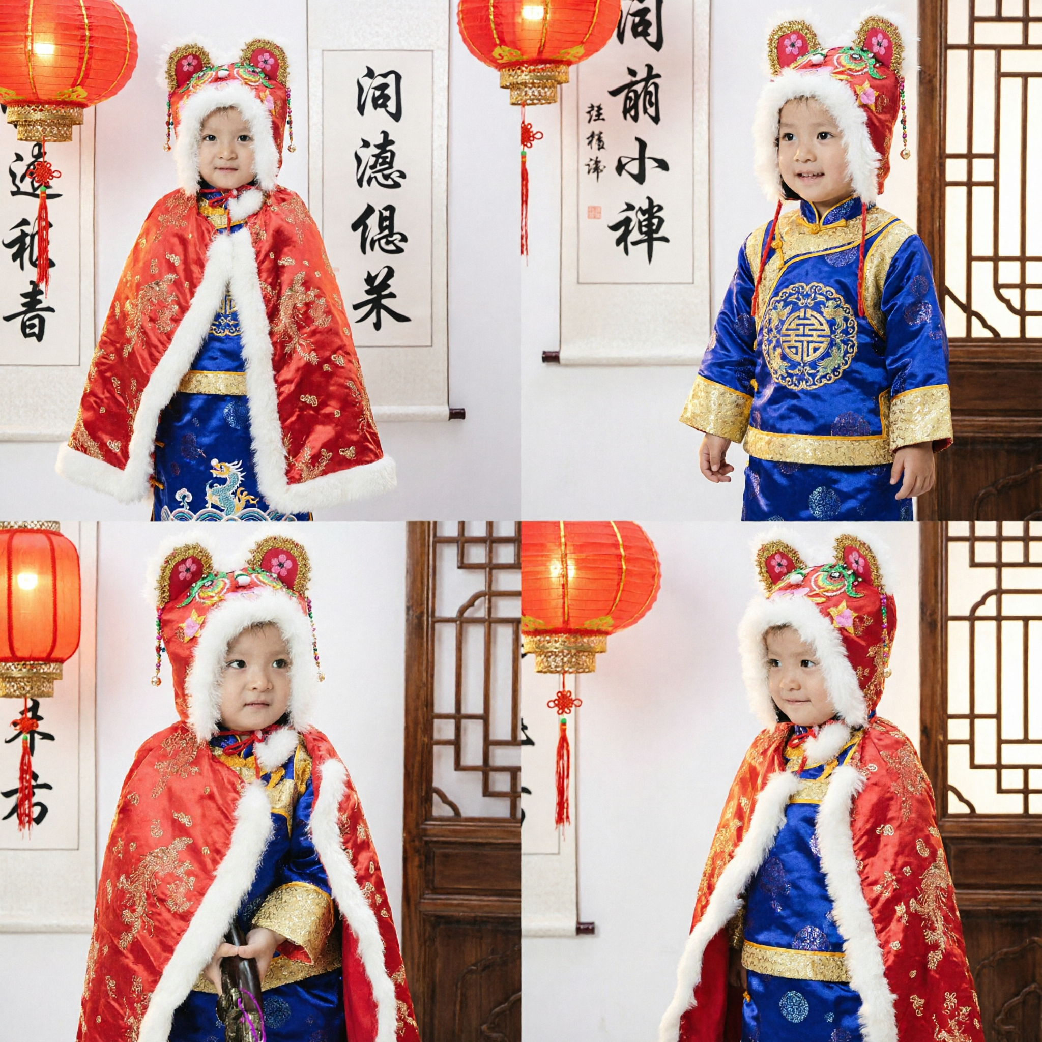 Baby Chinese New Year Costume Traditional Red Embroidered Cape Cloak with Tiger Hat for Boys Girls - Asian Costume