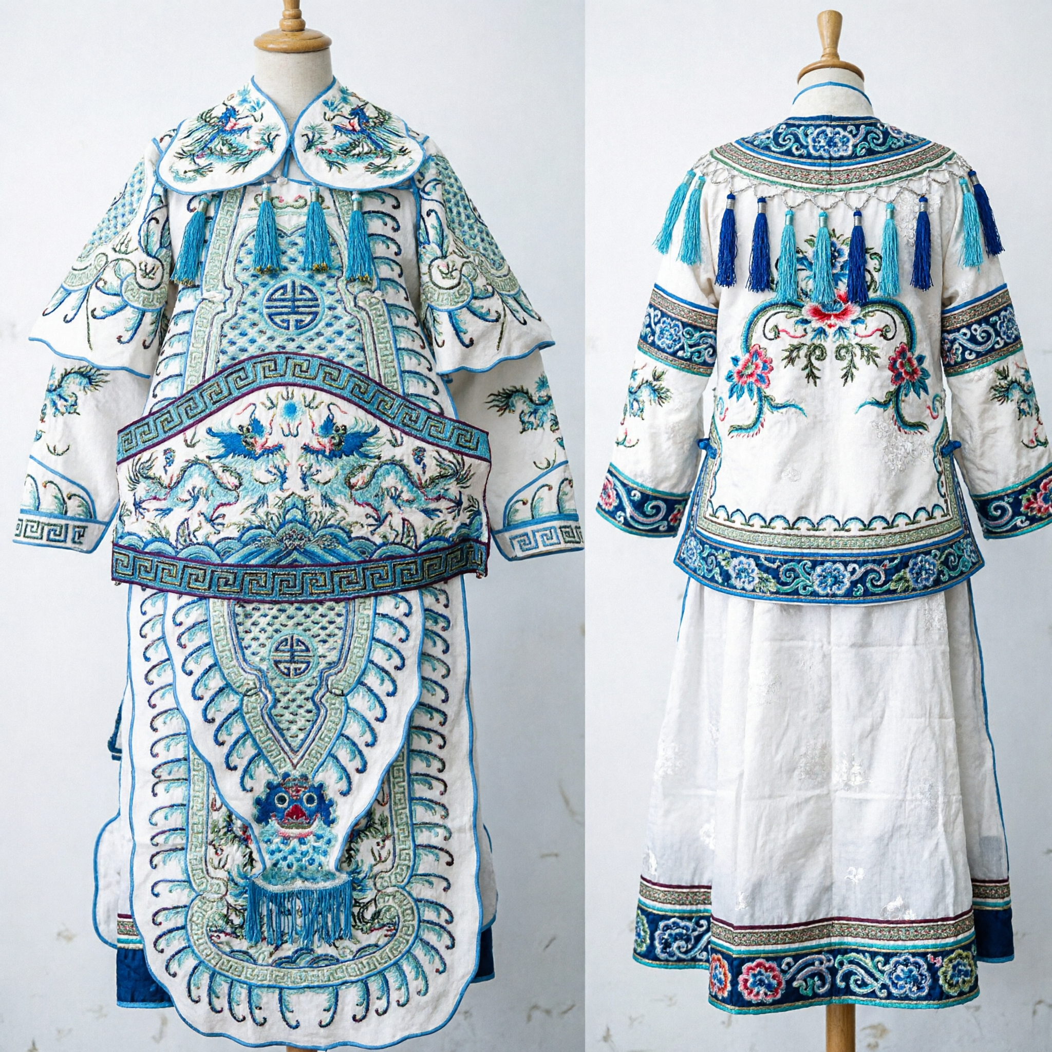 Traditional Chinese Peking Opera General Armor Costume with Flags White Blue Dragon Embroidery for Adult Performers - Asian Costume