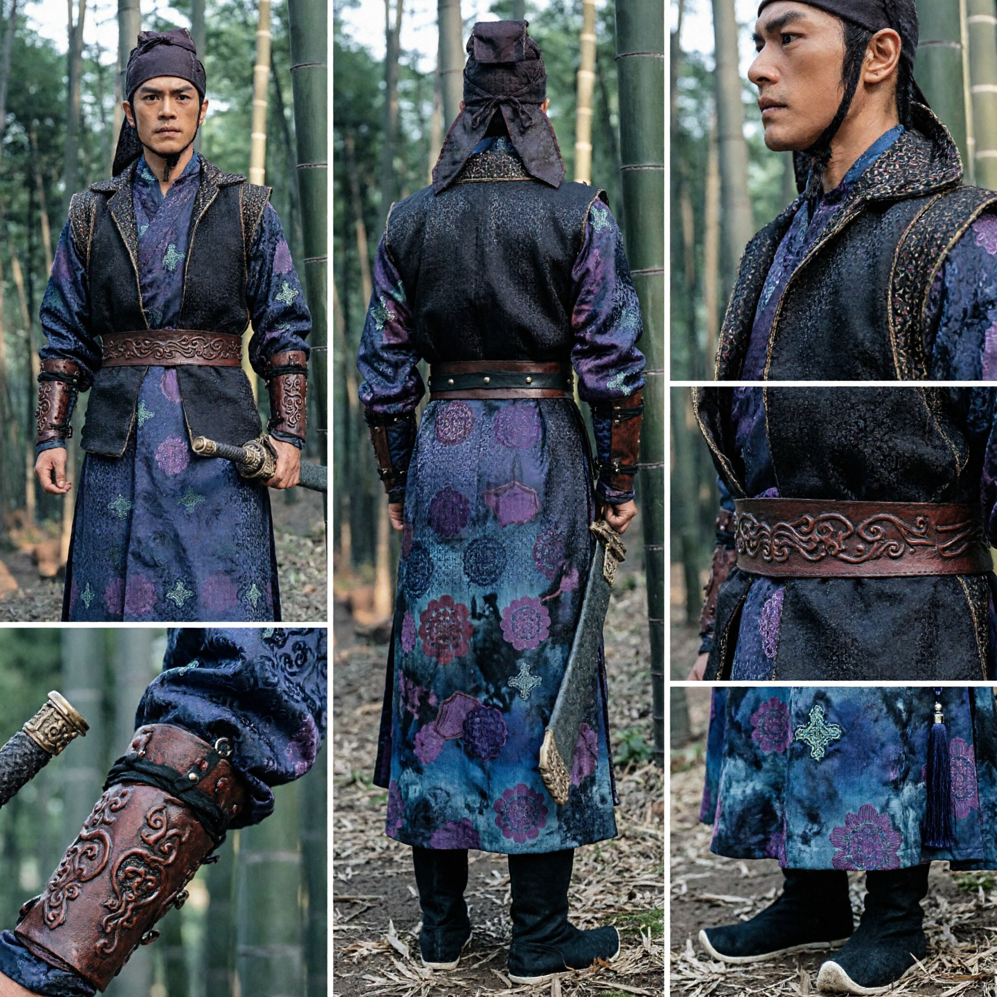 Men's Traditional Chinese Wuxia Swordsman Costume Dark Blue Tang Dynasty Warrior Hanfu Set for Cosplay - Asian Costume