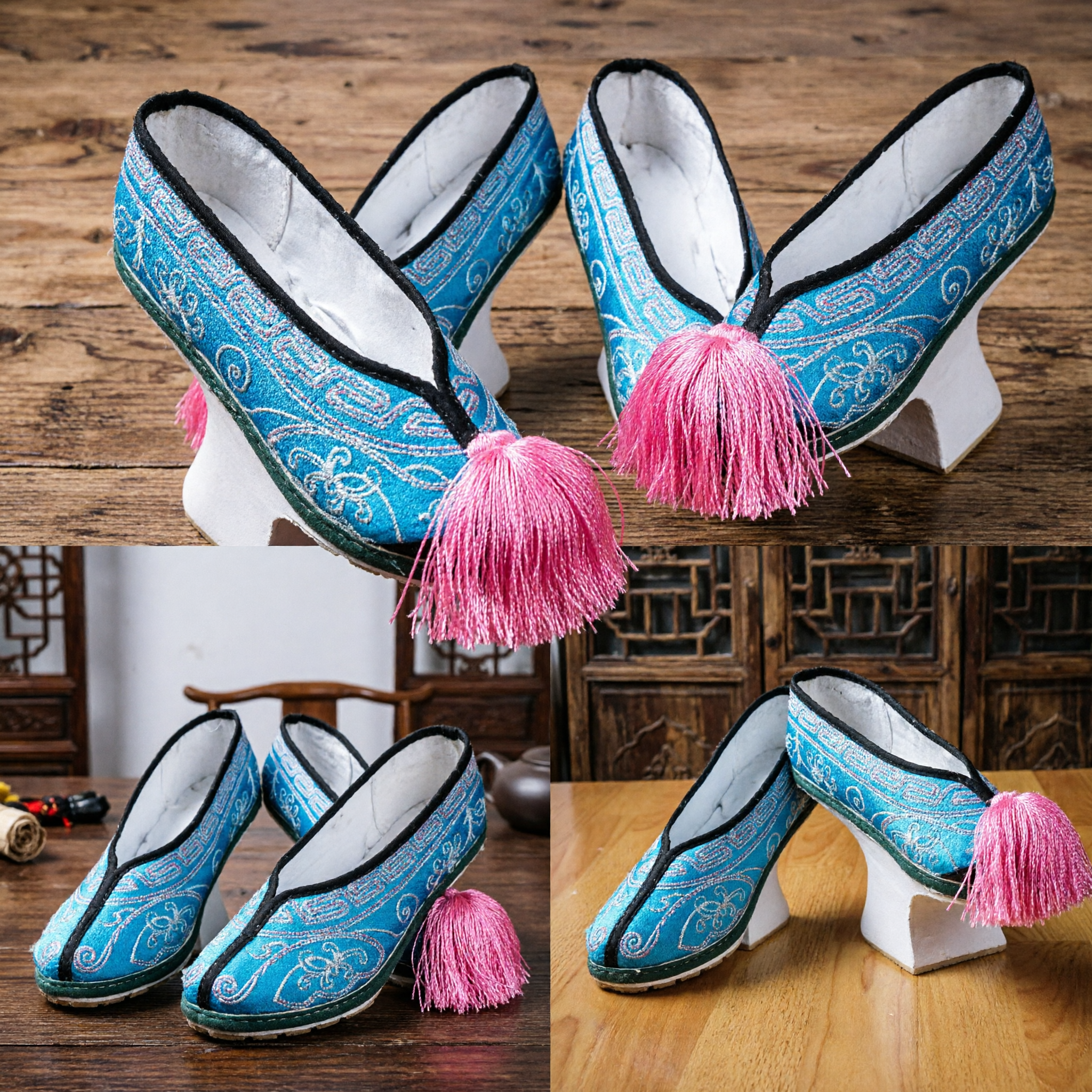 Traditional Chinese Blue Embroidered Shoes with Pink Tassels for Hanfu Folk Dance Opera Costume - Asian Costume