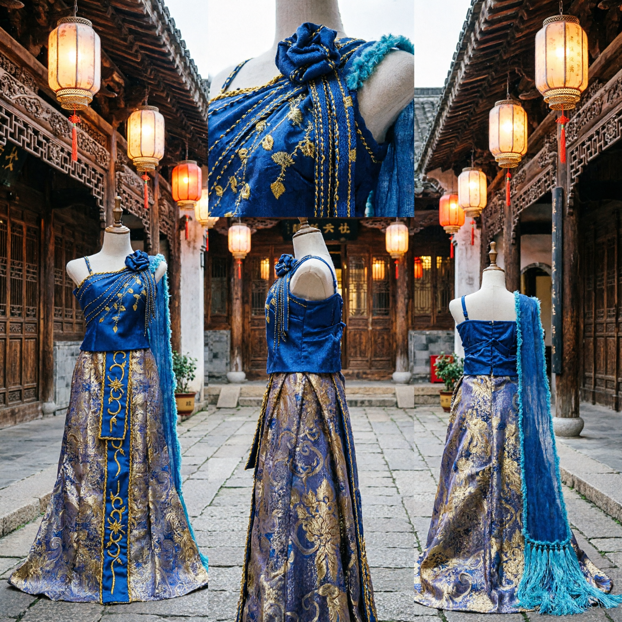Traditional Chinese Dai Ethnic Minority Dance Costume Blue Gold One-Shoulder Dress for Women Stage Performance - Asian Costume