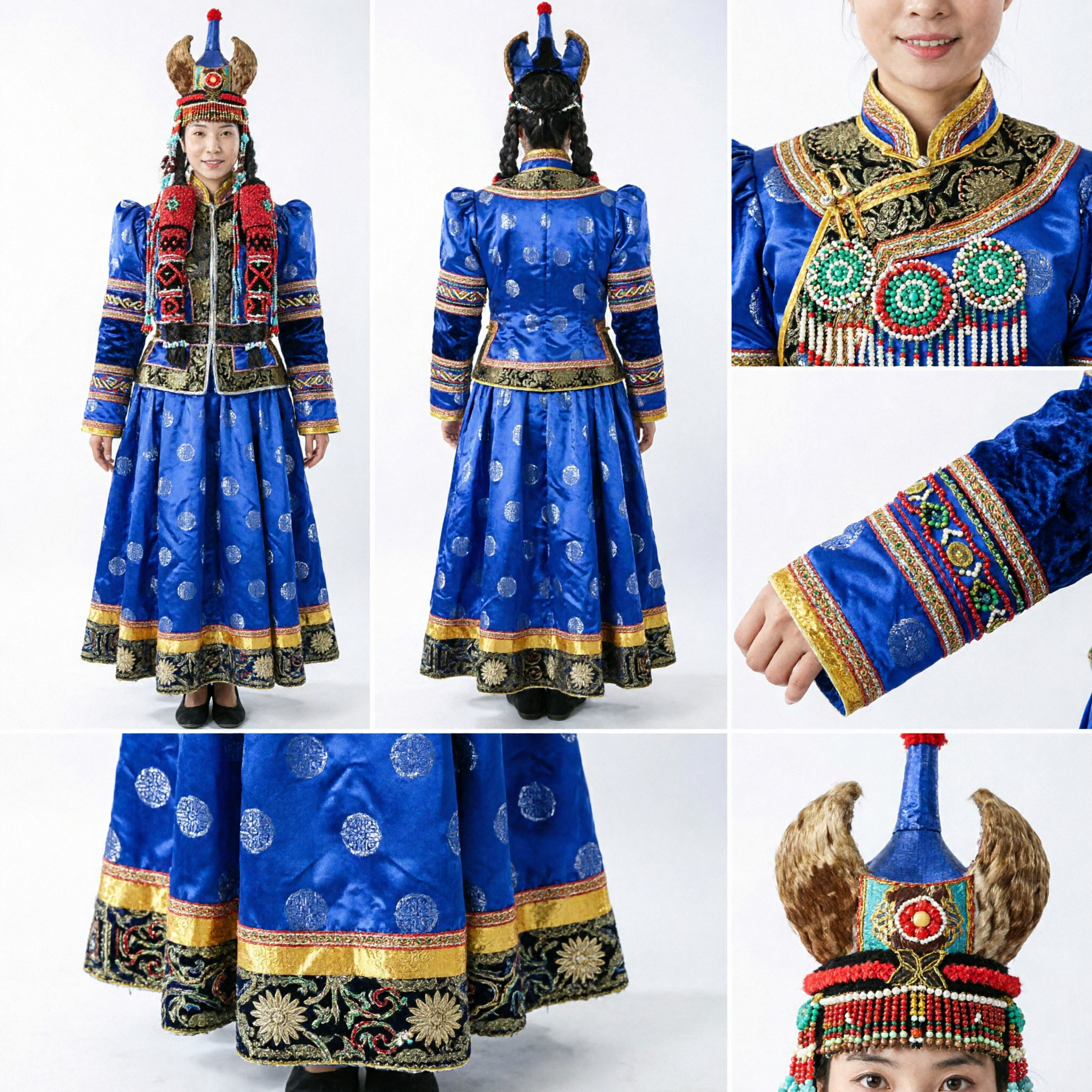 Women's Traditional Mongolian Blue Satin Deel Robe with Headdress Ethnic Dance Ceremonial Performance Costume - Asian Costume