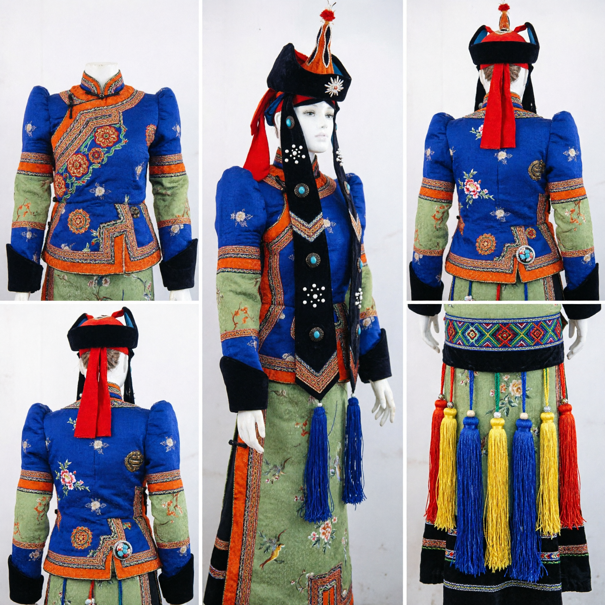 Traditional Chinese Ethnic Minority Costume Blue Green Embroidery Stage Performance Outfit Complete Set with Hat - Asian Costume