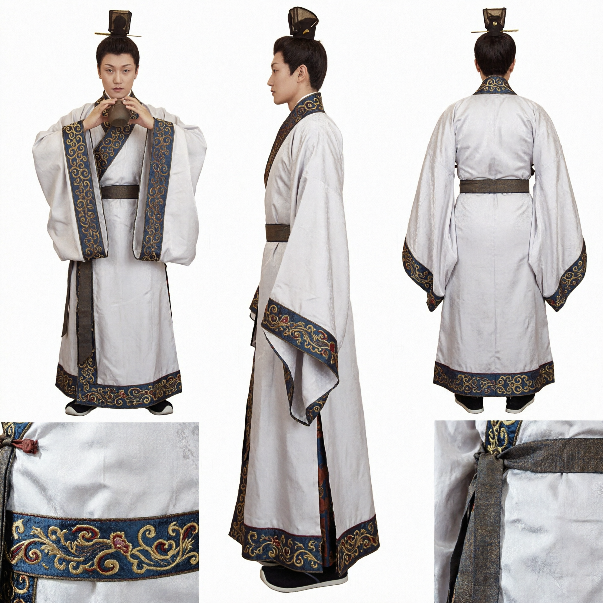 Men's Ancient Chinese Scholar Hanfu Costume White Robe with Gold Cloud Pattern for Cosplay and Performance - Asian Costume