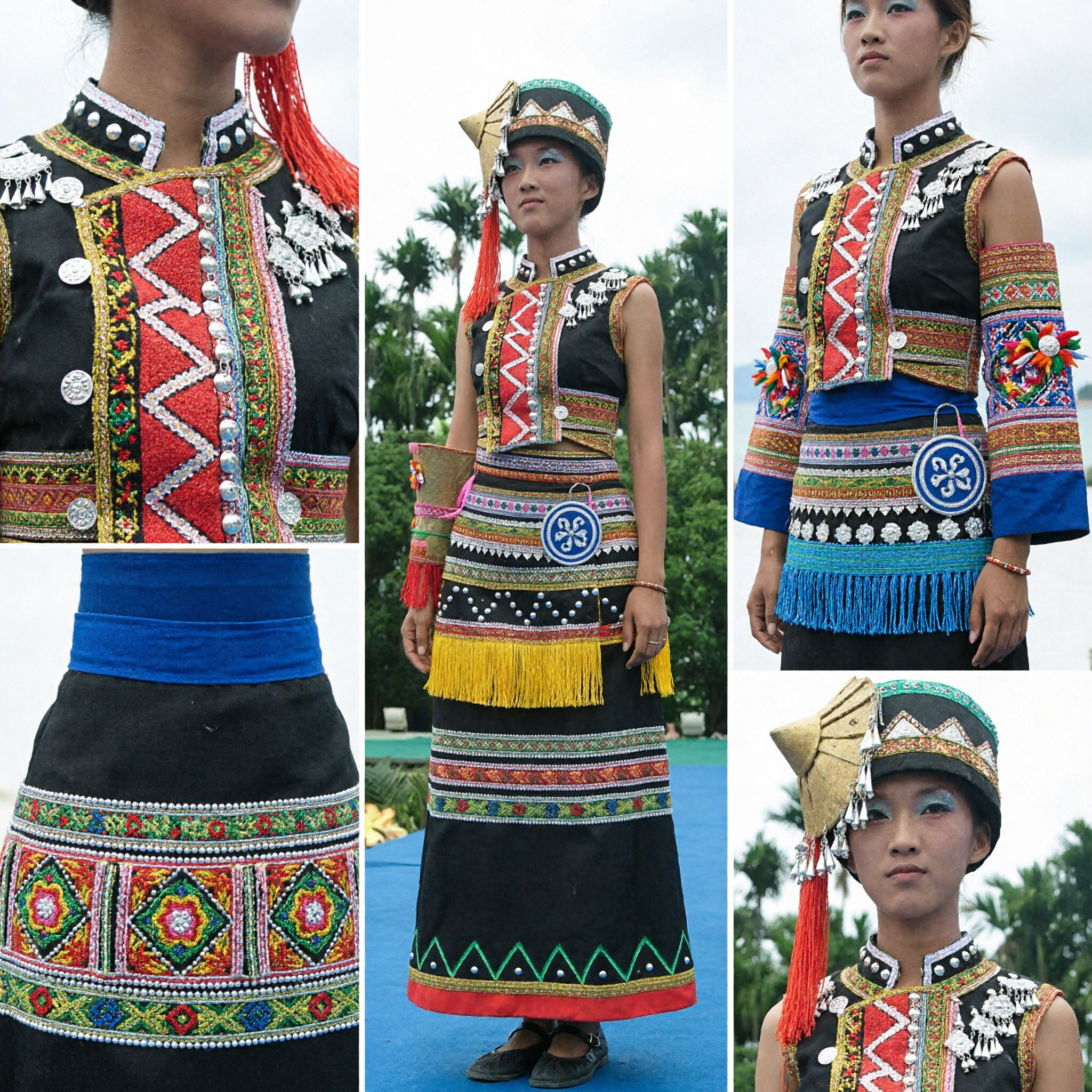 Traditional Chinese Ethnic Minority Lahu Dress Women's Embroidered Costume for Cultural Festival and Stage Performance - Asian Costume