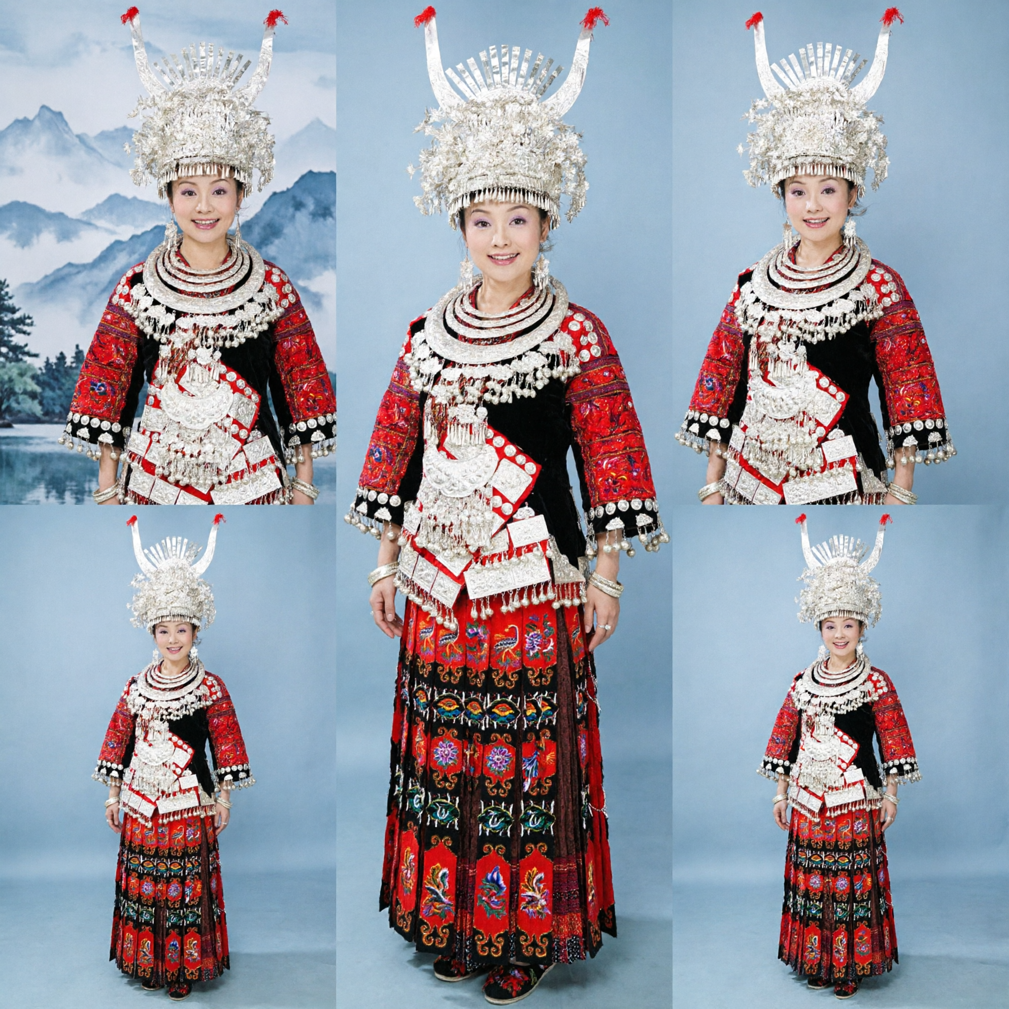 Chinese Miao Traditional Silver Headdress and Red Embroidered Folk Dance Costume Complete Set for Women Cultural Performance - Asian Costume