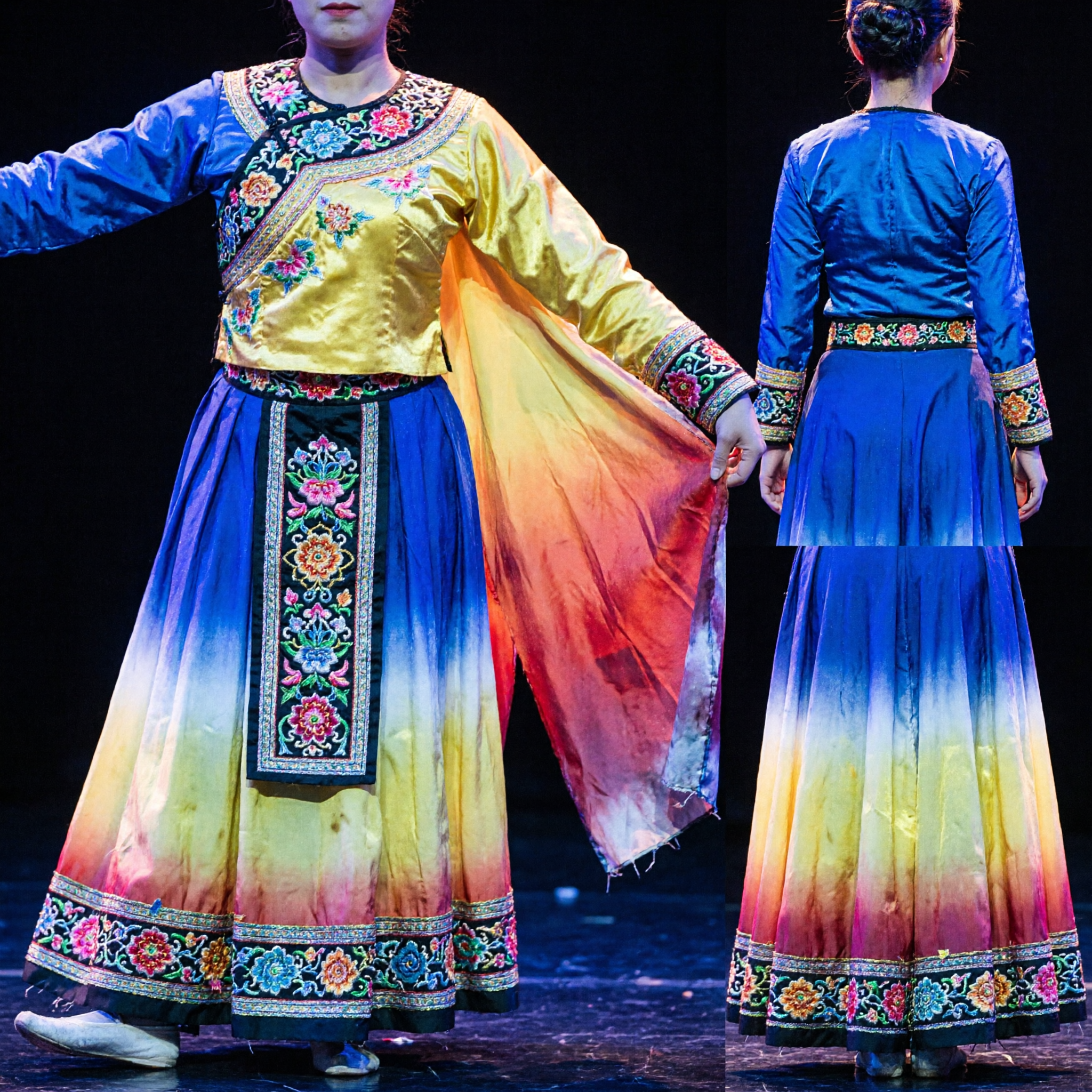 Women's Chinese Classical Dance Costume Yellow Dress with Flowing Colorful Wings for Stage Performance Show - Asian Costume