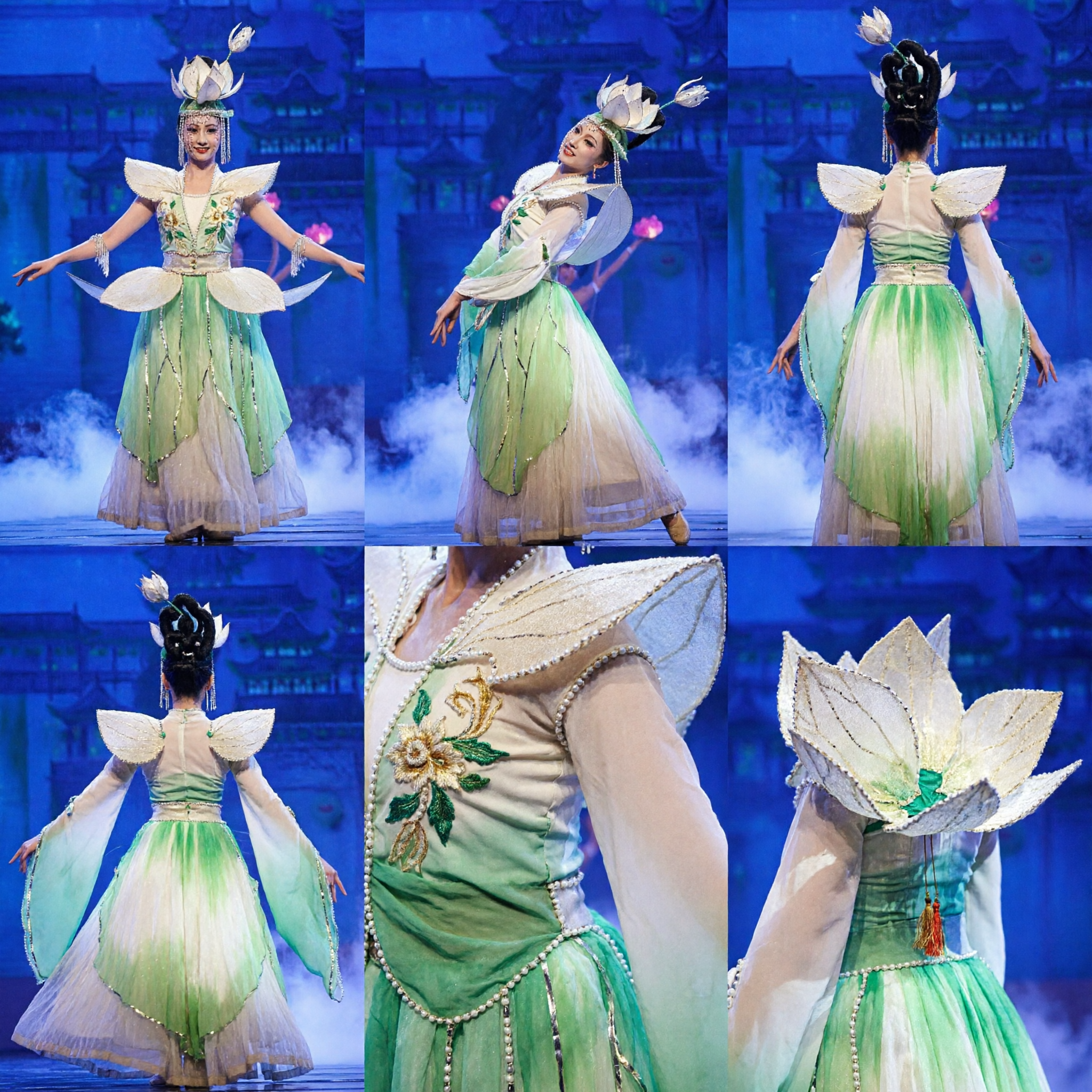 Women's Chinese Classical Dance Costume Lotus Fairy Folk Dance Stage Performance Green Dress for Girls - Asian Costume