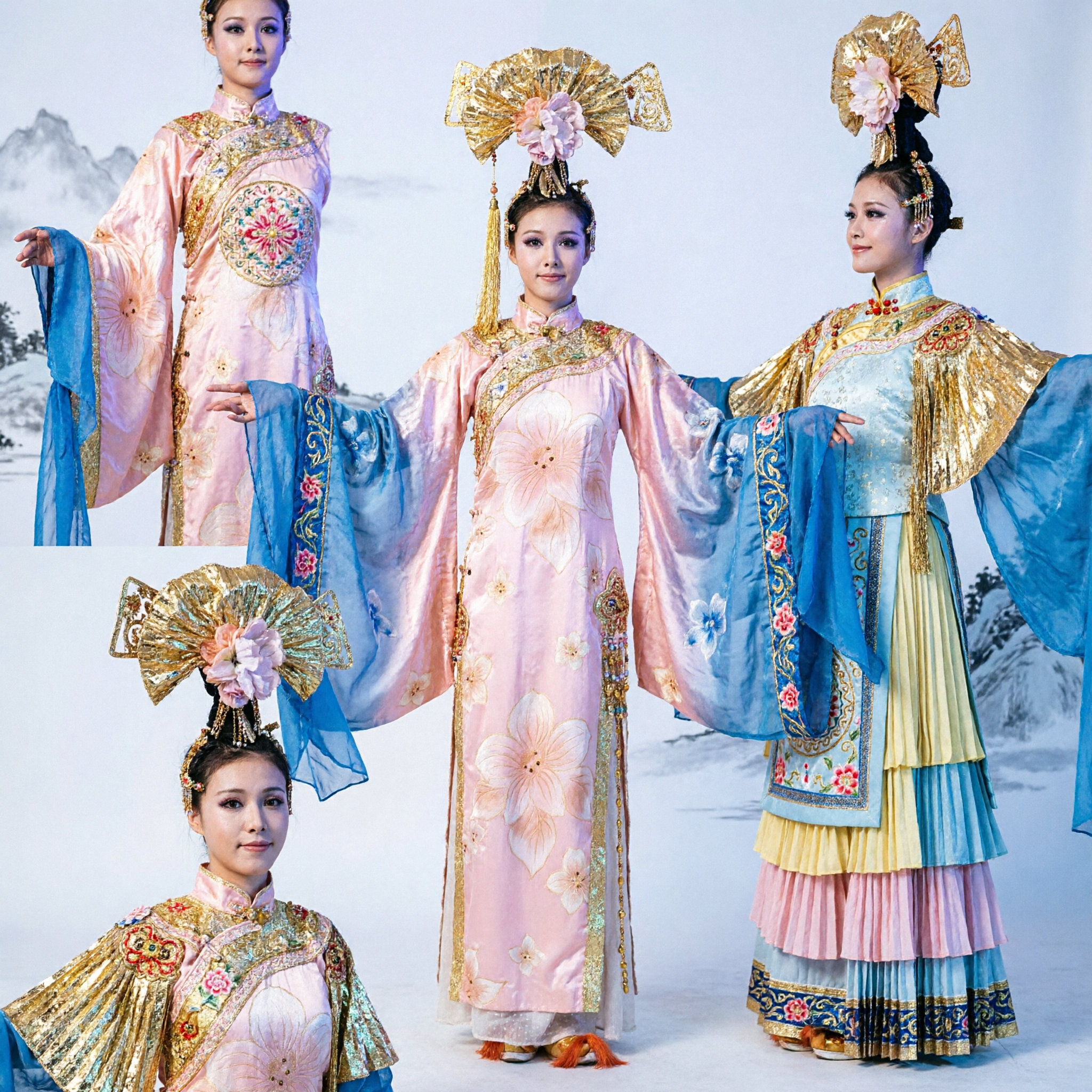 Women's Chinese Classical Dance Costume Set with Golden Fan Sleeves and Ornate Headpiece for Theater Performance - Asian Costume