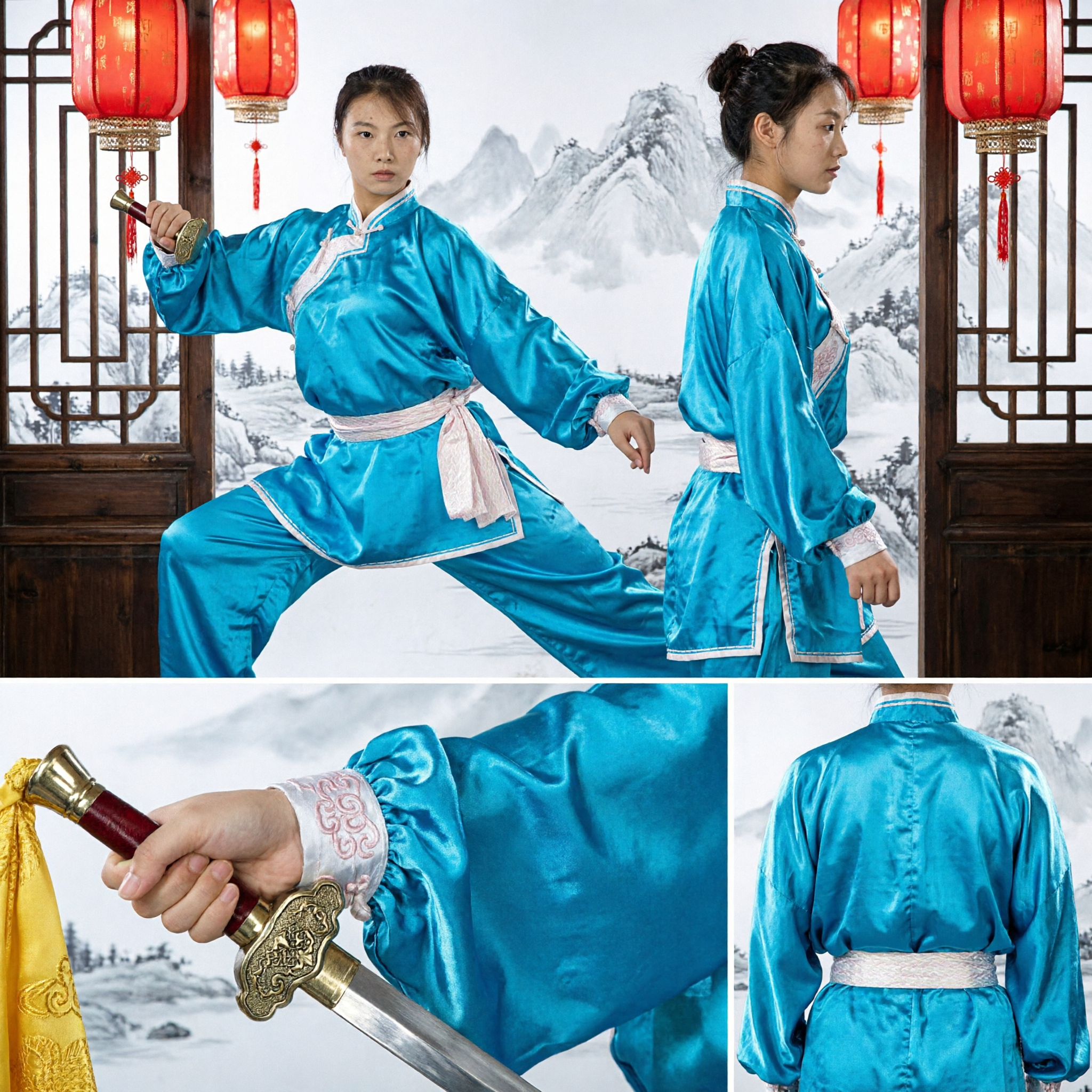 Women's Blue Silk Kung Fu Uniform Set with Tai Chi Sword and Traditional White Shoes - Asian Costume