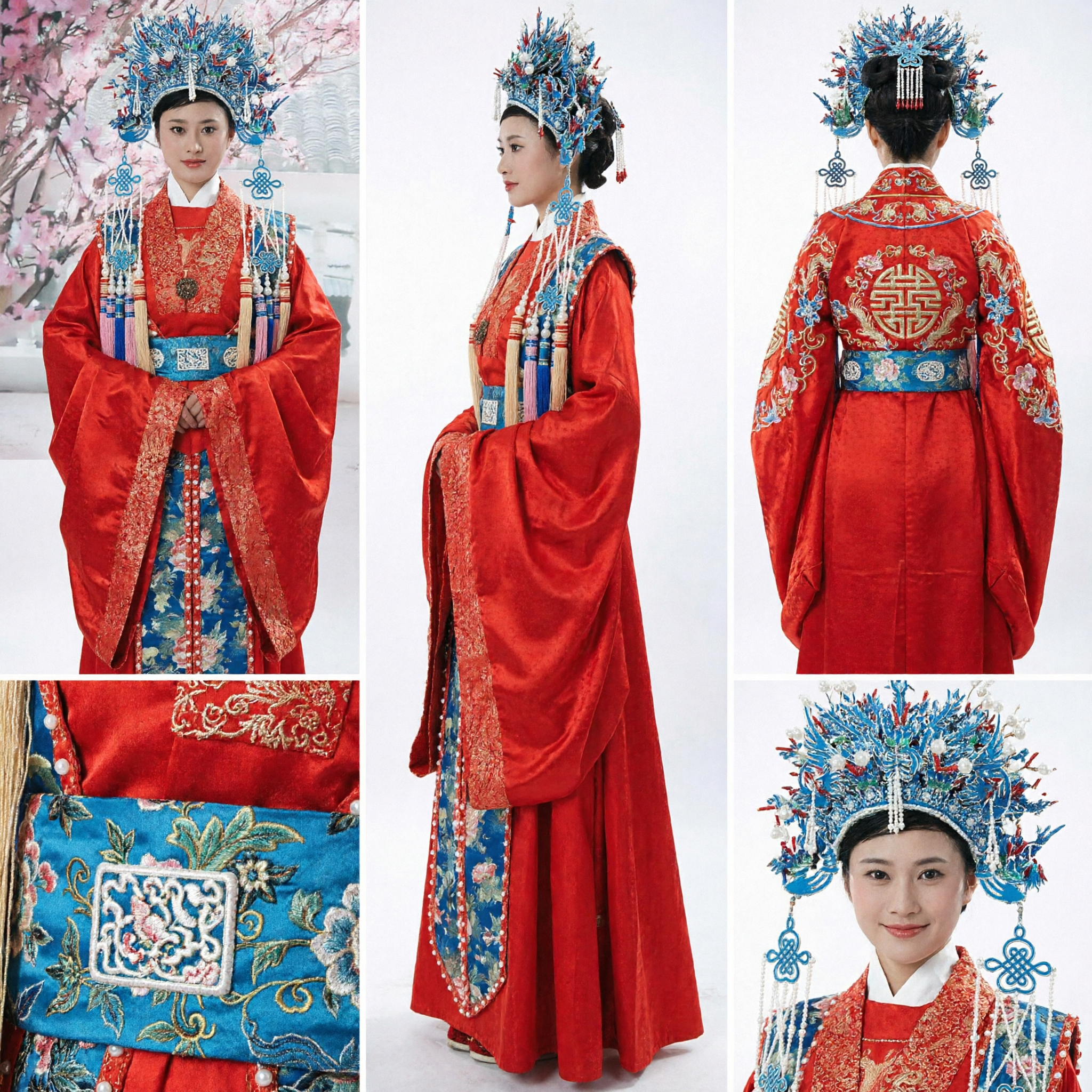 Traditional Chinese Wedding Hanfu Ancient Ming Dynasty Red Embroidered Bridal Robe with Phoenix Crown Headpiece for Women - Asian Costume