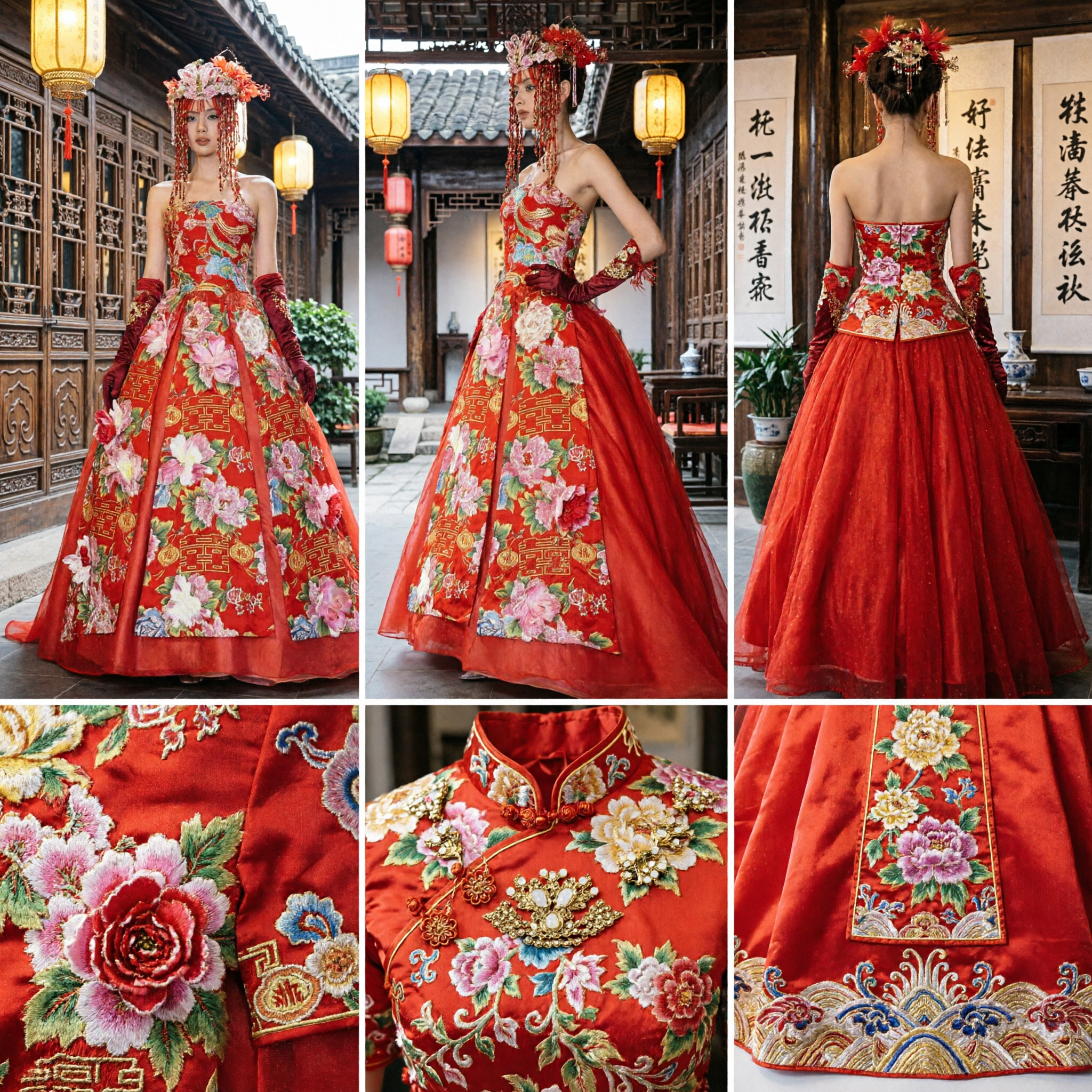 Traditional Red Chinese Wedding Dress with Peony Embroidery and Double Happiness Symbols for Bridal Ceremony - Asian Costume