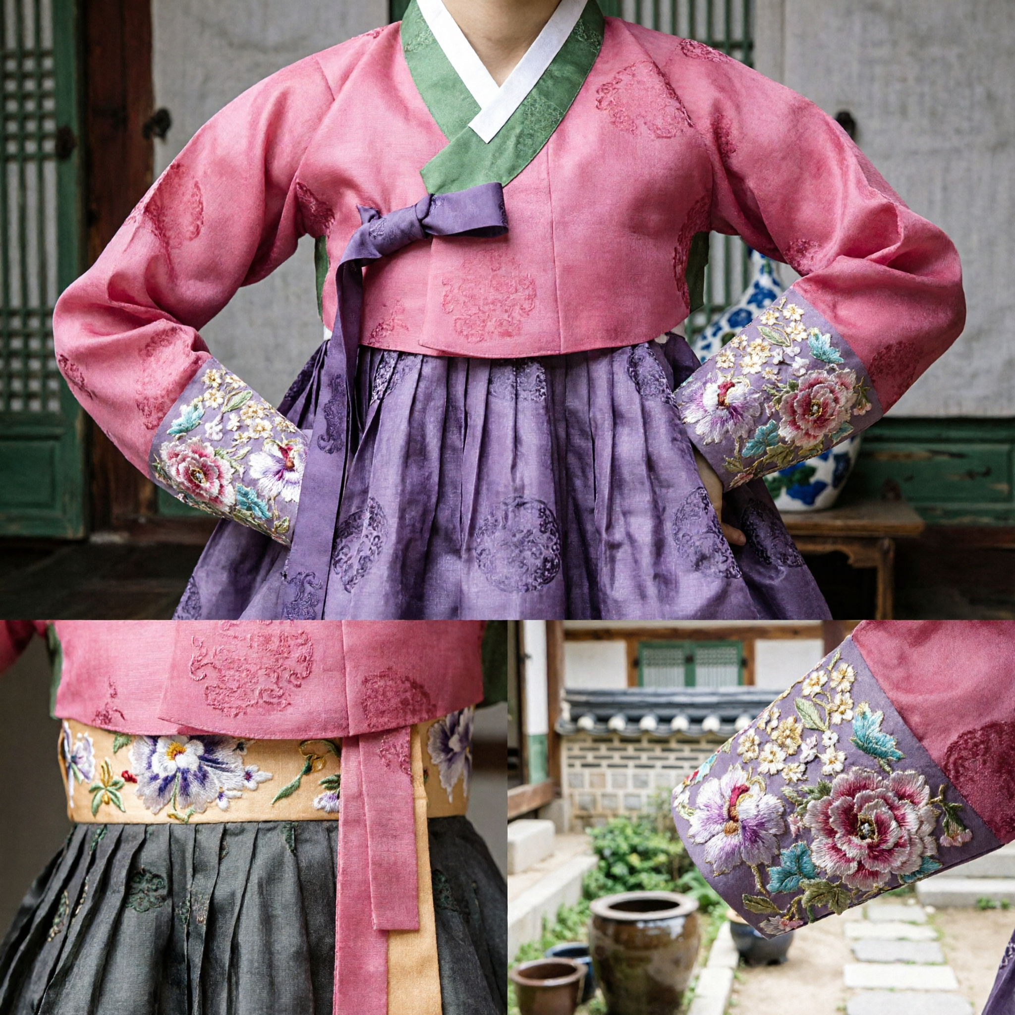 Elegant Traditional Korean Hanbok Dress for Women Pink Jeogori and Grey Chima Formal Wedding Costume - Asian Costume