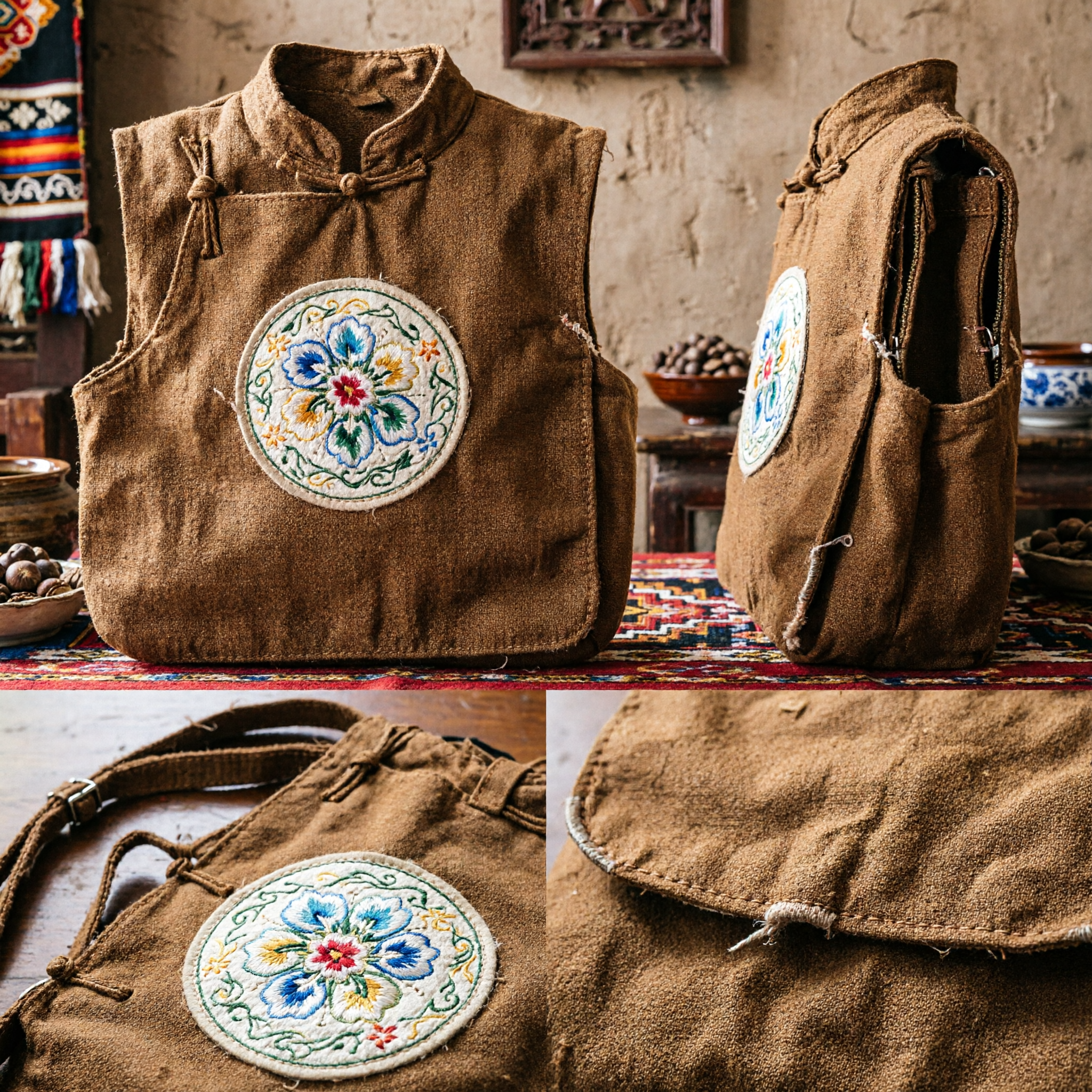 Brown Ethnic Thai Hill Tribe Shoulder Bag Handmade Embroidered Messenger Purse for Women Travel Casual - Asian Costume