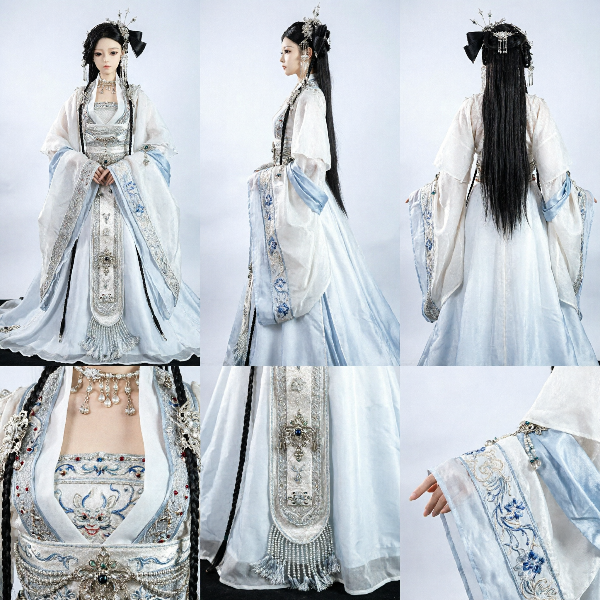 Traditional Chinese Hanfu Wedding Dress White Silver Embroidery Ancient Costume for 1/3 BJD Doll Collectors - Asian Costume