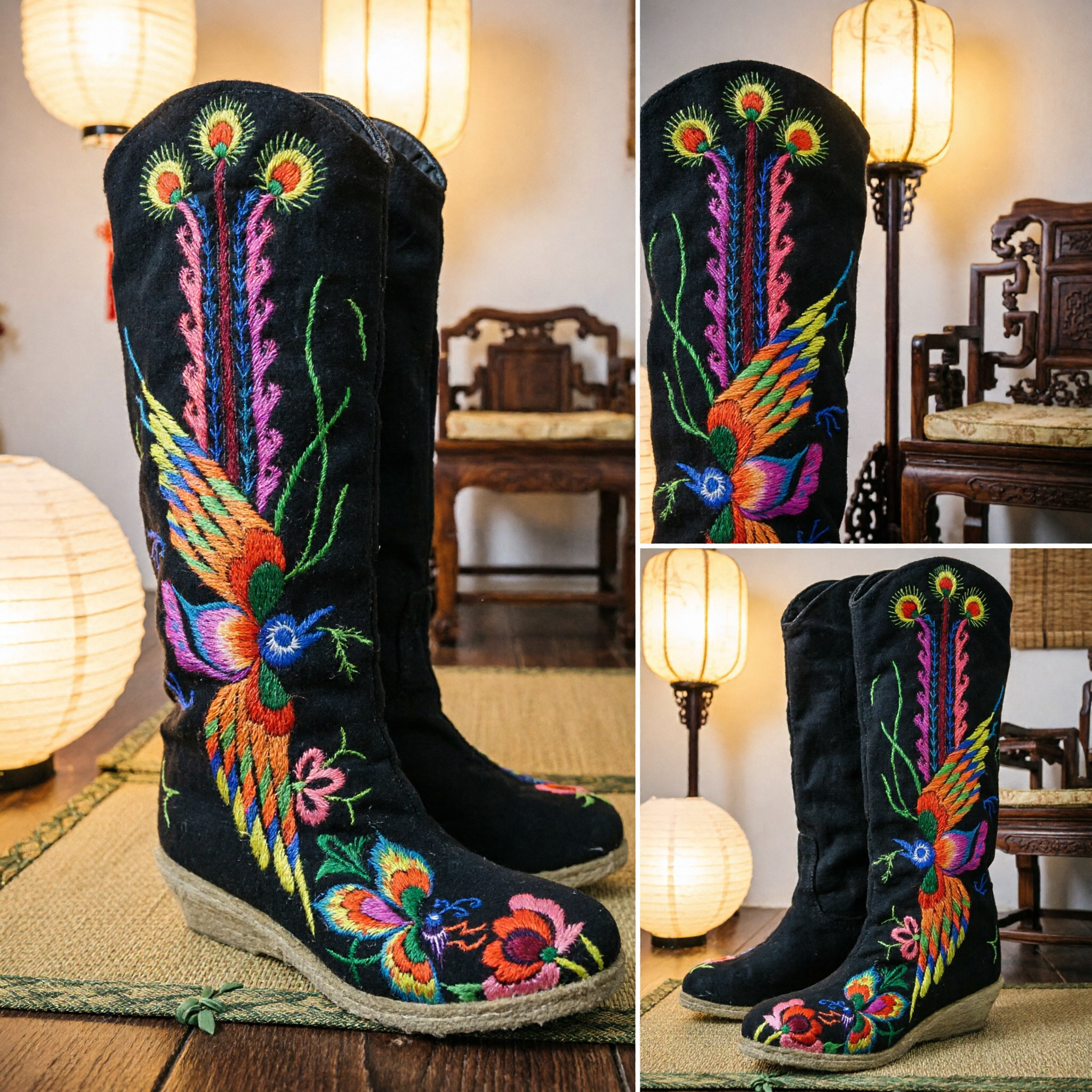 Women's Traditional Chinese Ethnic Boots Hand Embroidered Phoenix Floral Pattern for Hanfu and Folk Dance - Asian Costume