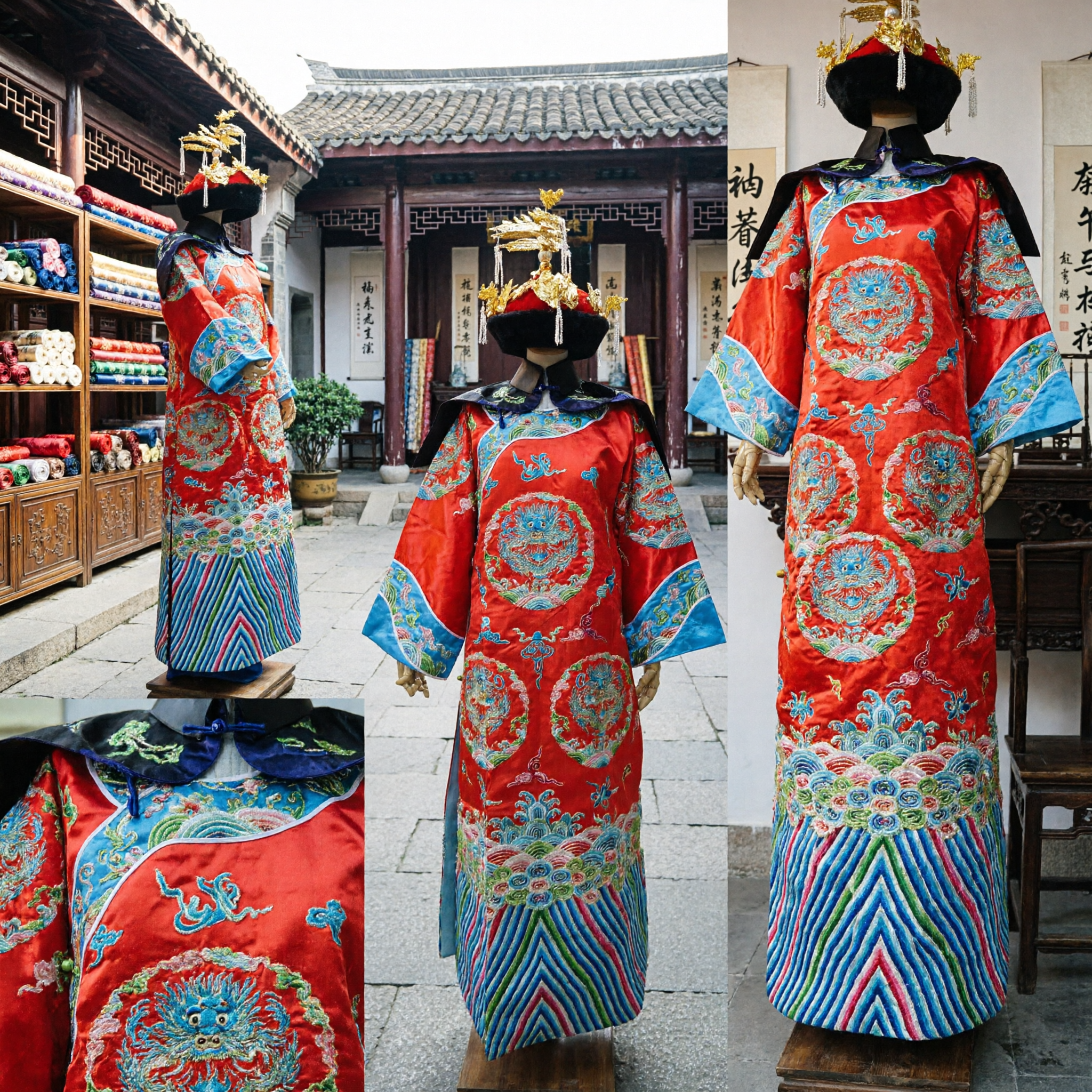 Traditional Chinese Red Dragon Robe Qing Dynasty Emperor Costume for Men Wedding Stage Performance - Asian Costume