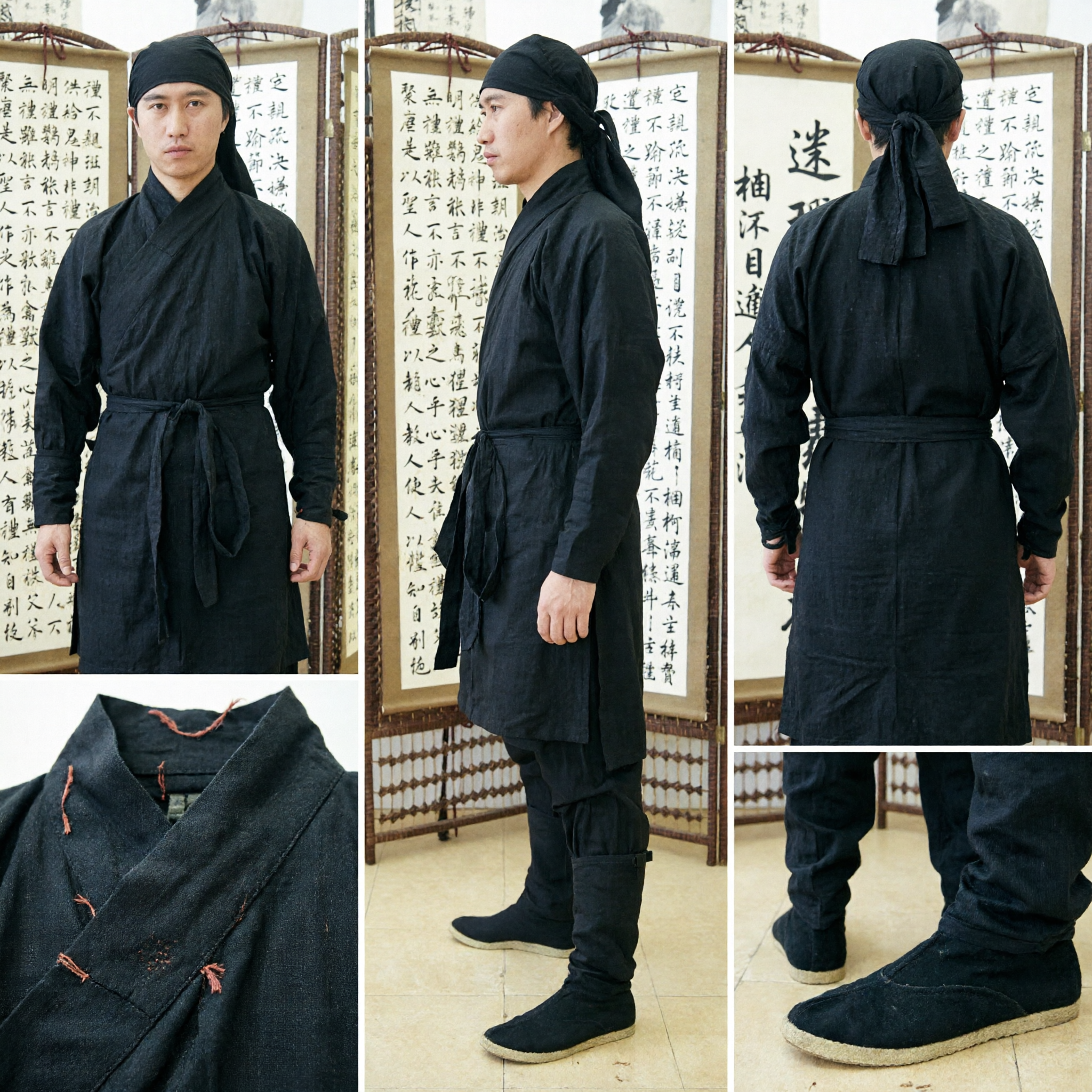 Traditional Chinese Black Martial Arts Costume Men Ancient Wuxia Warrior Hanfu Complete Set for Cosplay - Asian Costume