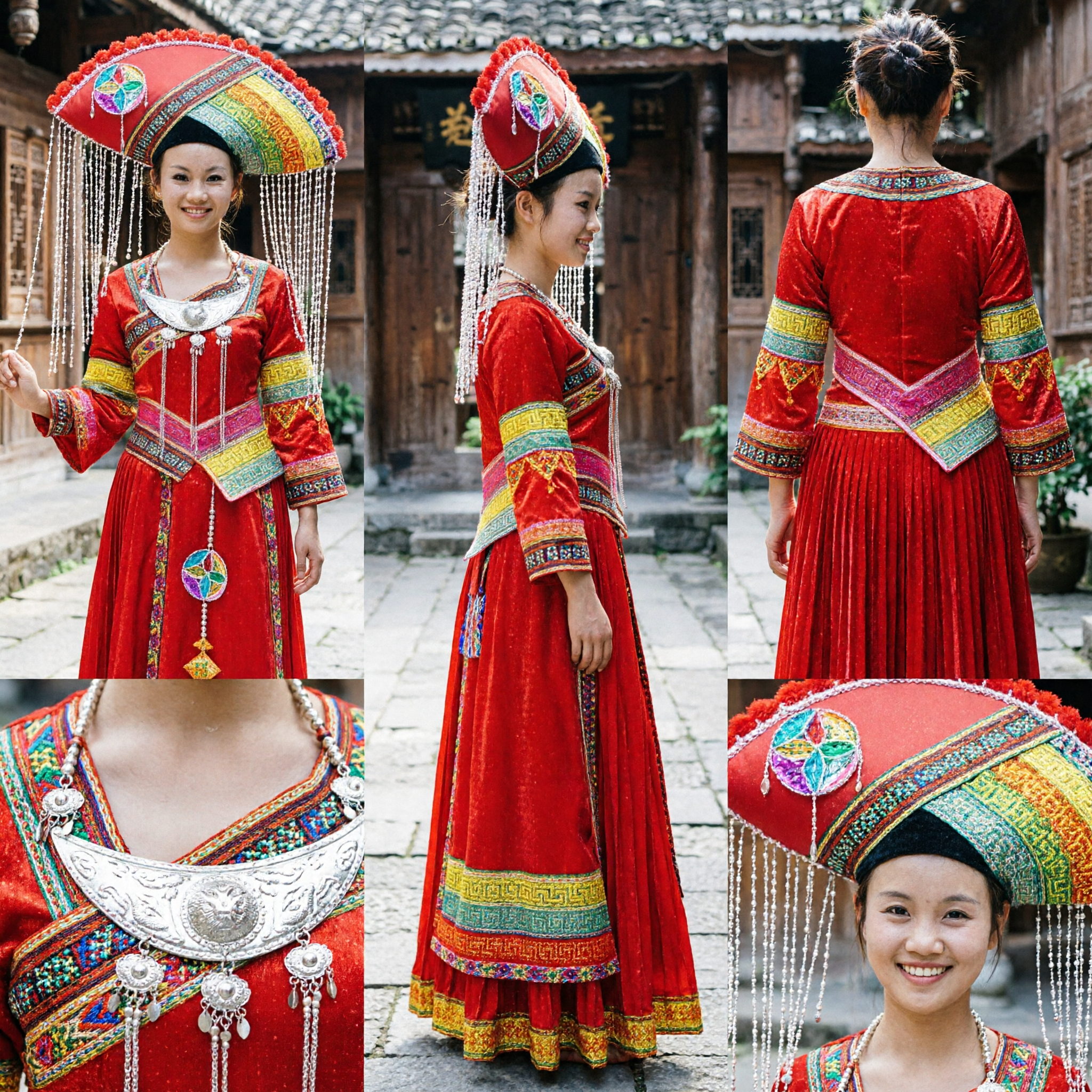 Traditional Chinese Zhuang Ethnic Red Dress and Beaded Hat Set for Women Folk Dance Performance - Asian Costume