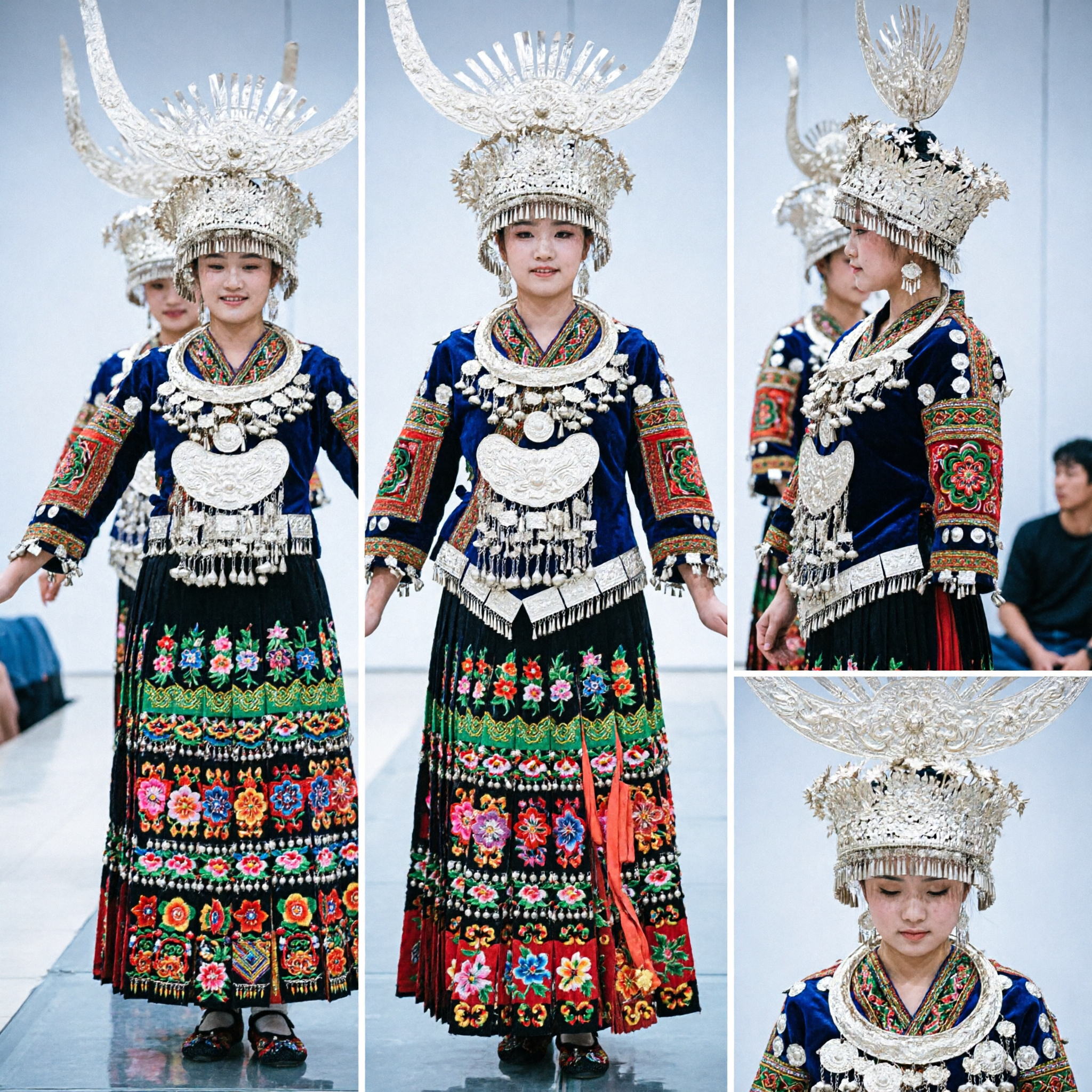 Women's Traditional Chinese Miao Minority Stage Performance Costume with Ornate Silver Headdress and Embroidered Dress - Asian Costume