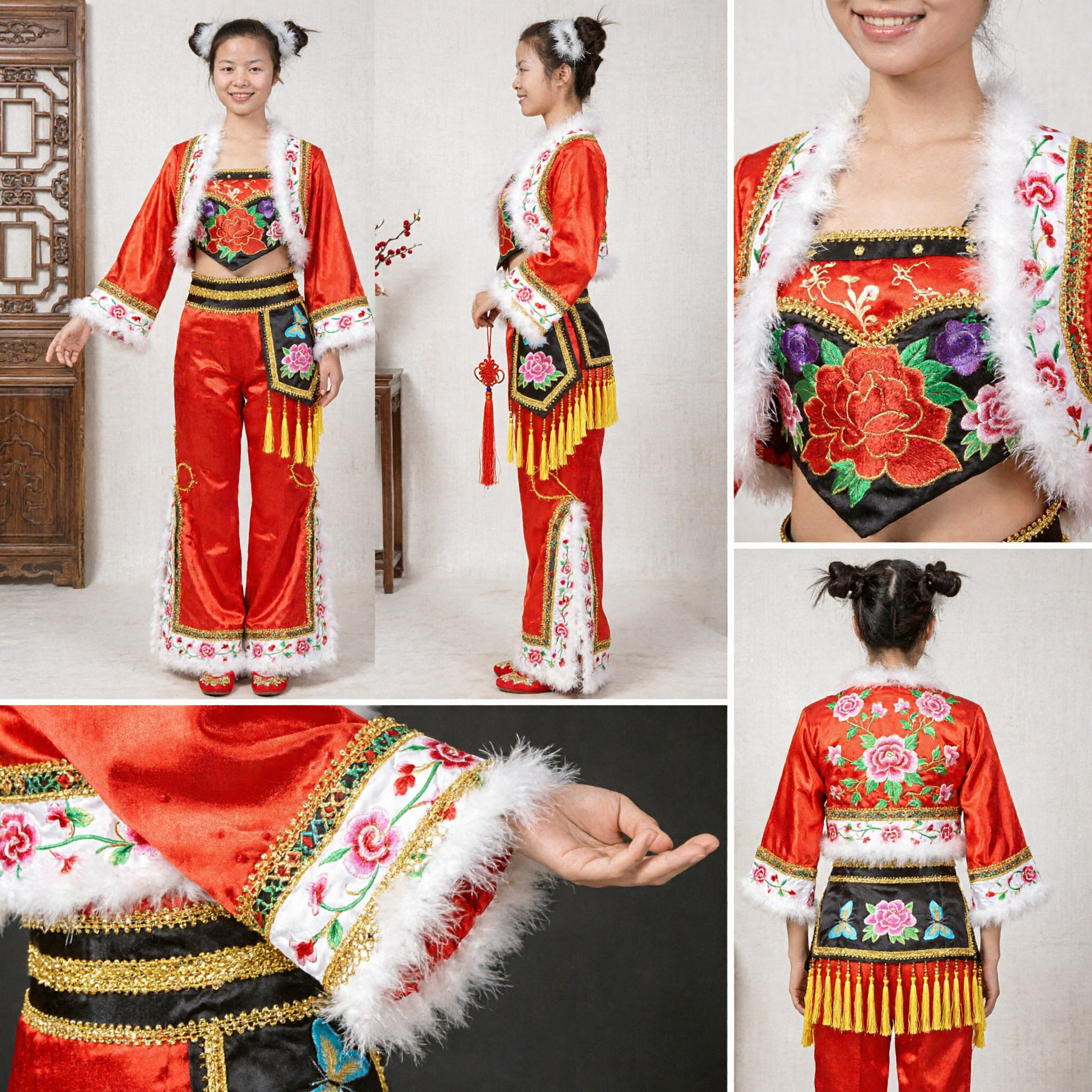 Women's Red Chinese Traditional Folk Dance Costume Yangge Fan Dance Outfit with Floral Embroidery and Fur Trim - Asian Costume