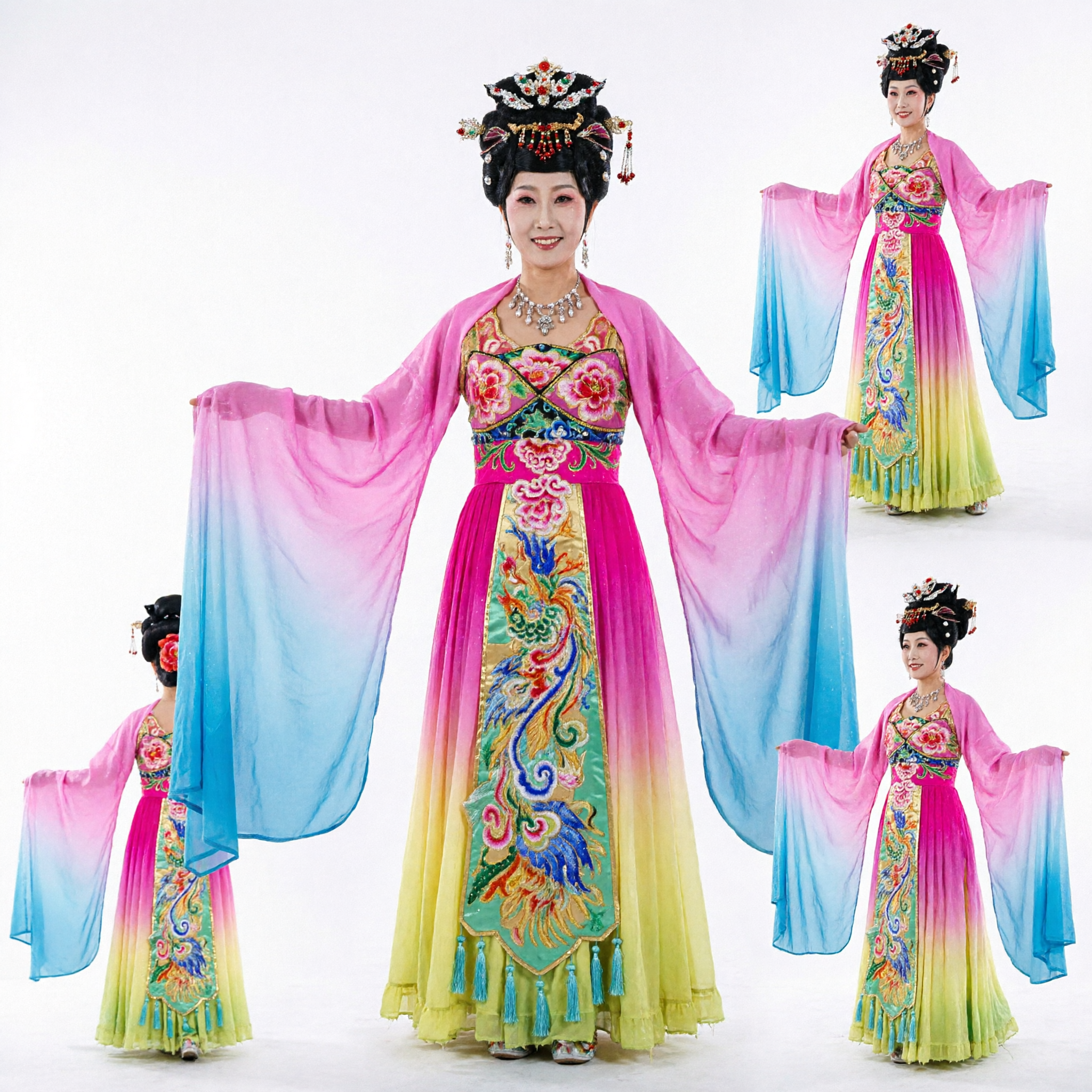 Colorful Chinese Traditional Ribbon Dance Costume Women Stage Performance Dress with Long Silk Sleeves for Festivals - Asian Costume