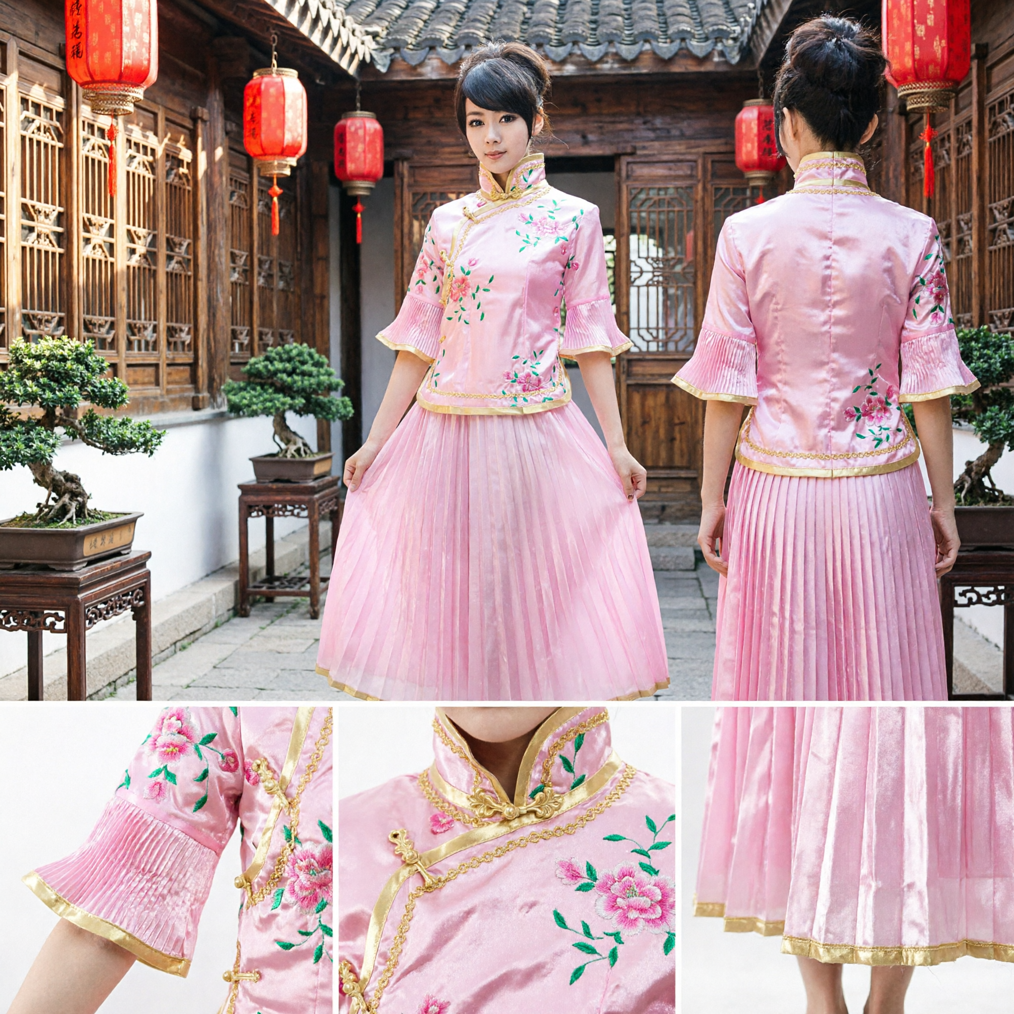 Women's Pink Floral Embroidered Tang Suit Top and Pleated Skirt Set Traditional Chinese Dance Performance Outfit - Asian Costume