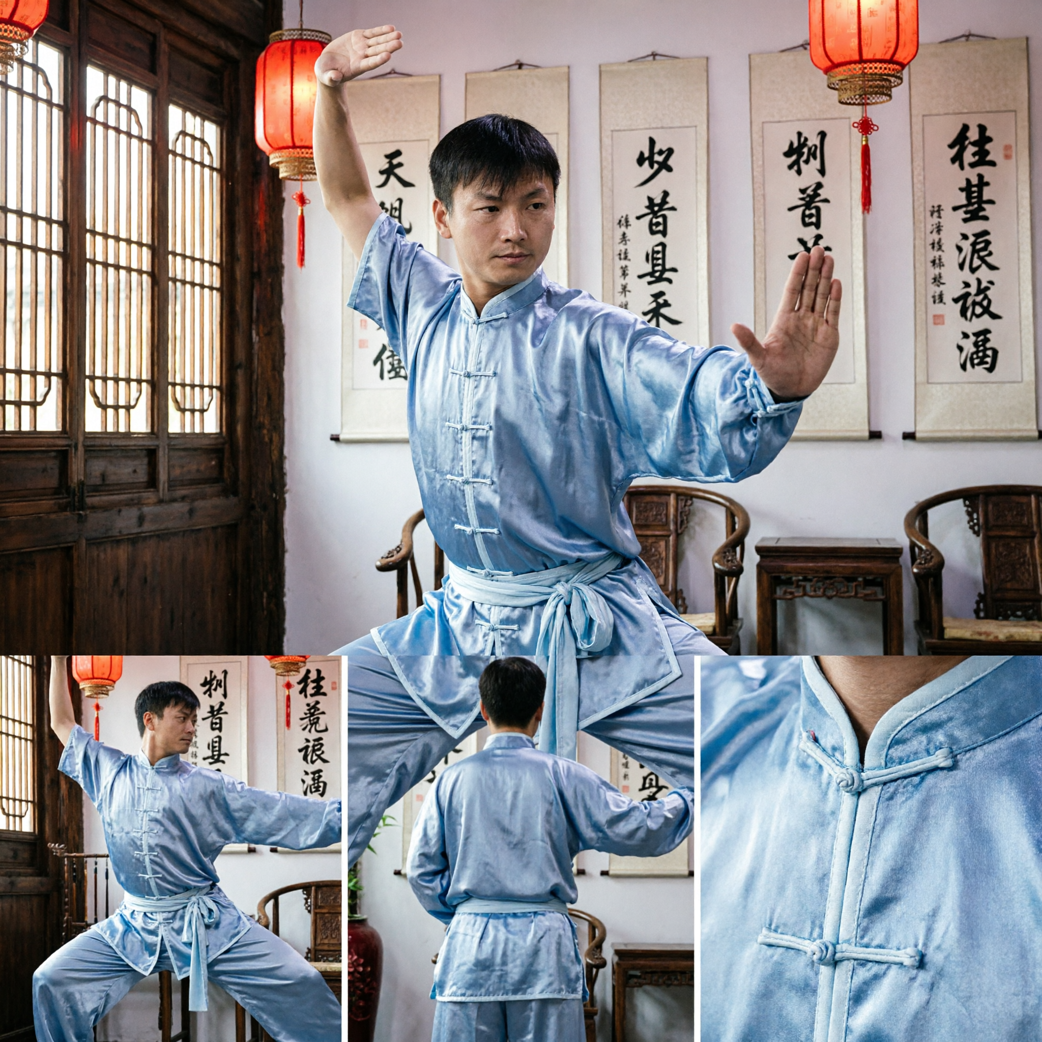 Men's Traditional Light Blue Silk Tai Chi Uniform Kung Fu Suit Martial Arts Practice Clothing Set - Asian Costume